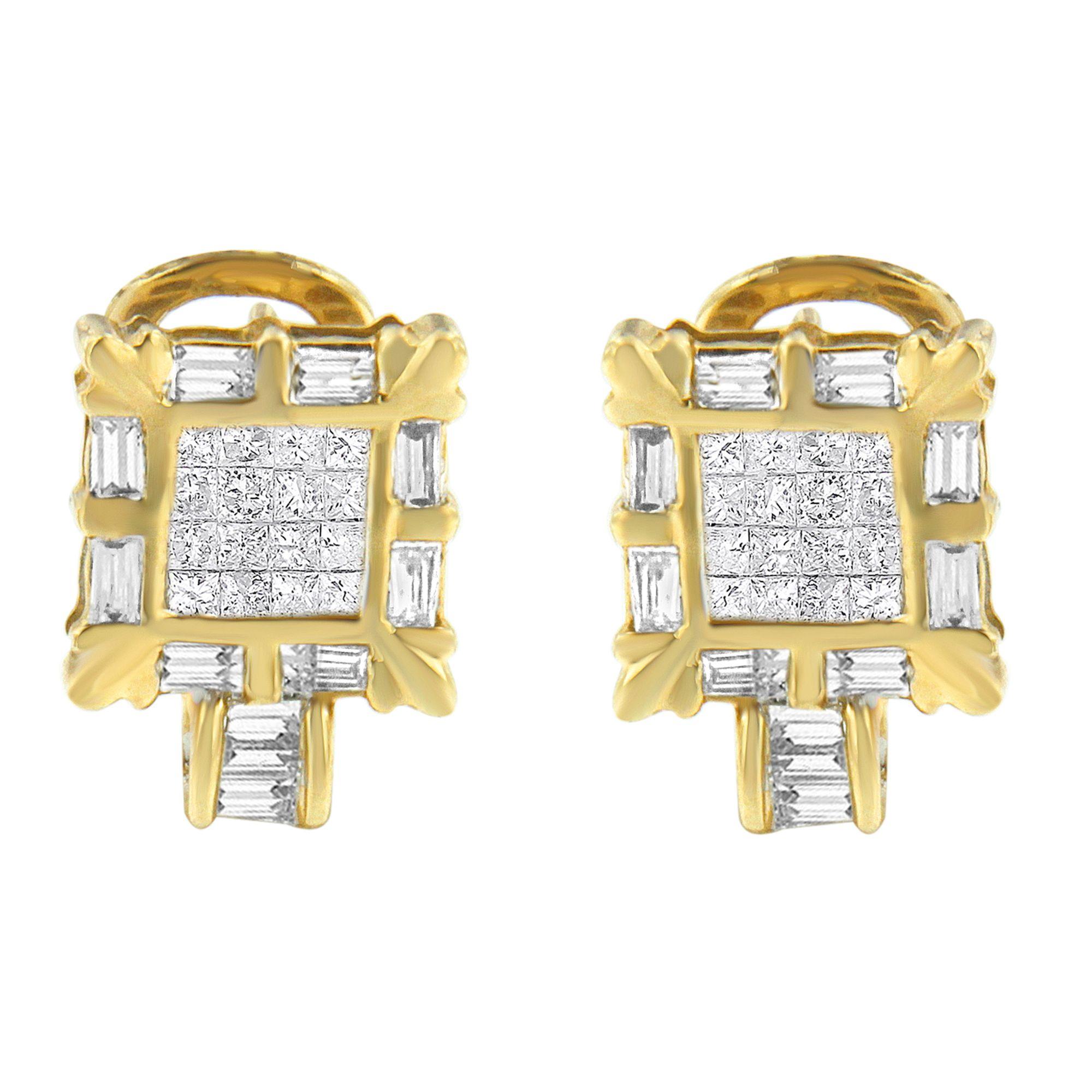 Créoles huggies en or jaune 14 carats avec diamants taille princesse et baguette de 7/8 carats Neuf - En vente à New York, NY