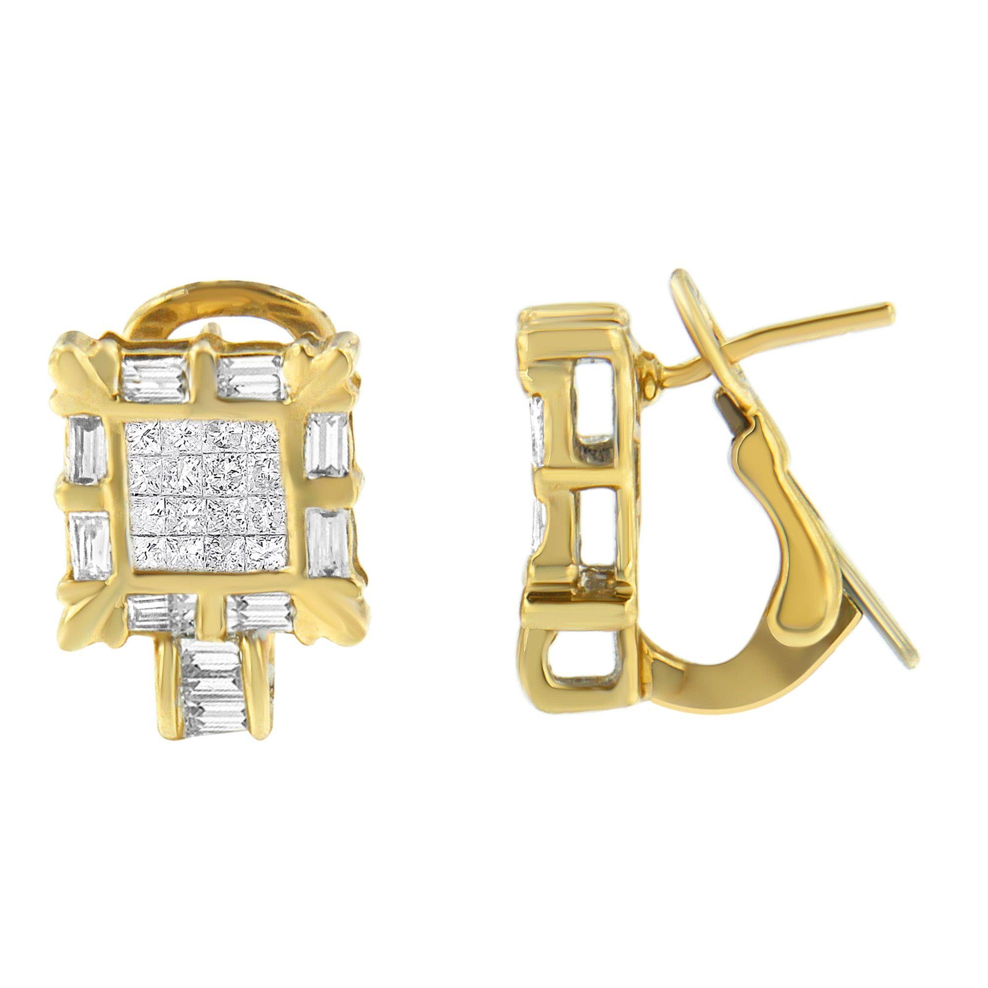 Créoles huggies en or jaune 14 carats avec diamants taille princesse et baguette de 7/8 carats Pour femmes en vente