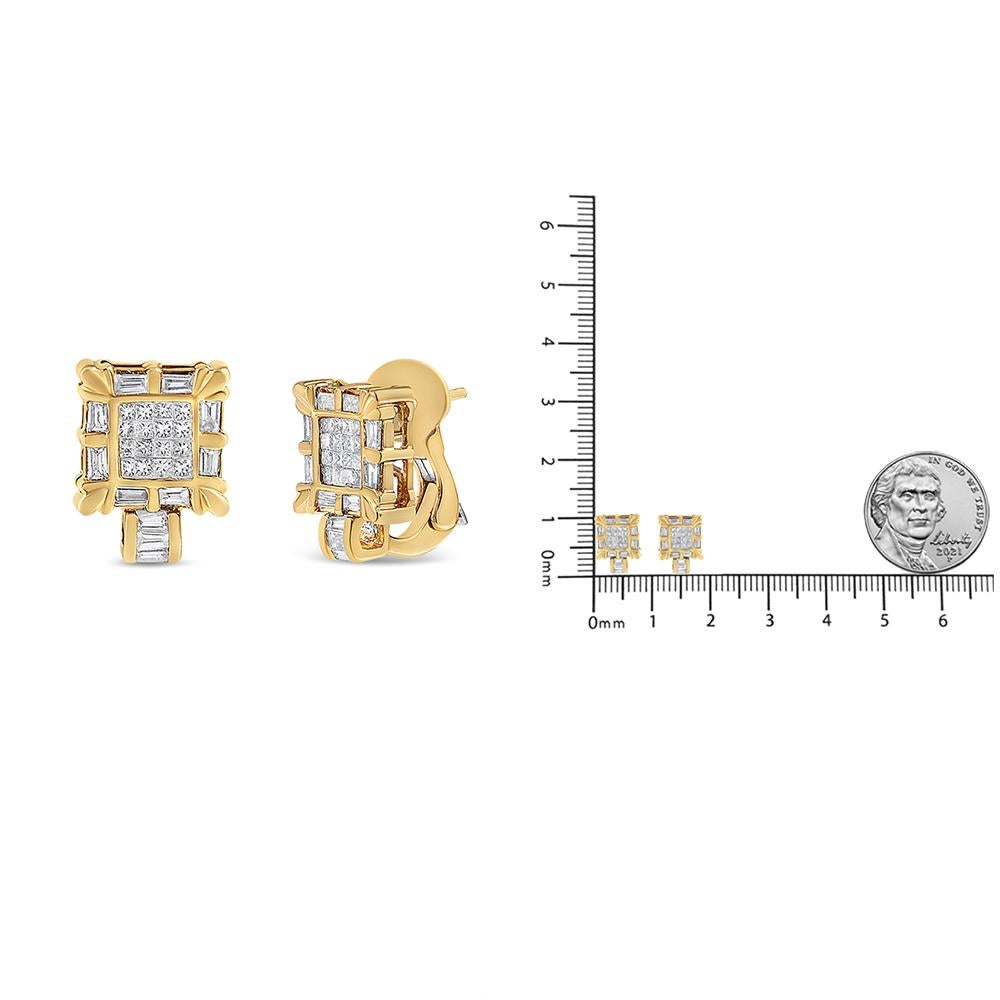 Créoles huggies en or jaune 14 carats avec diamants taille princesse et baguette de 7/8 carats en vente 1