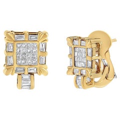 Créoles huggies en or jaune 14 carats avec diamants taille princesse et baguette de 7/8 carats
