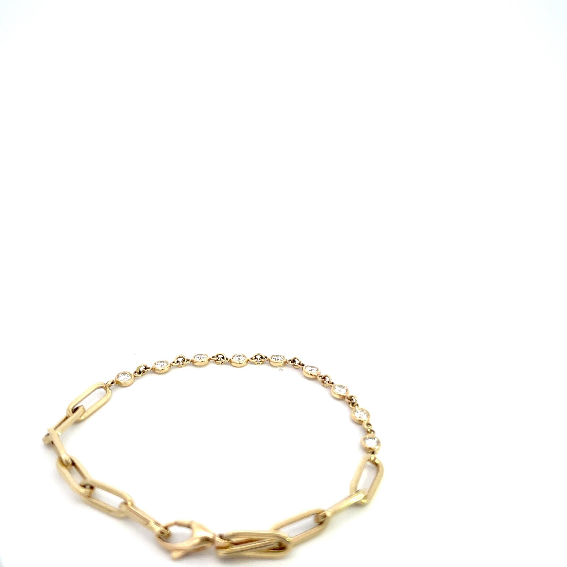 Round Cut 14K Yellow Gold 7/8ctw Diamond Bezel Paper Clip Bracelet For Sale