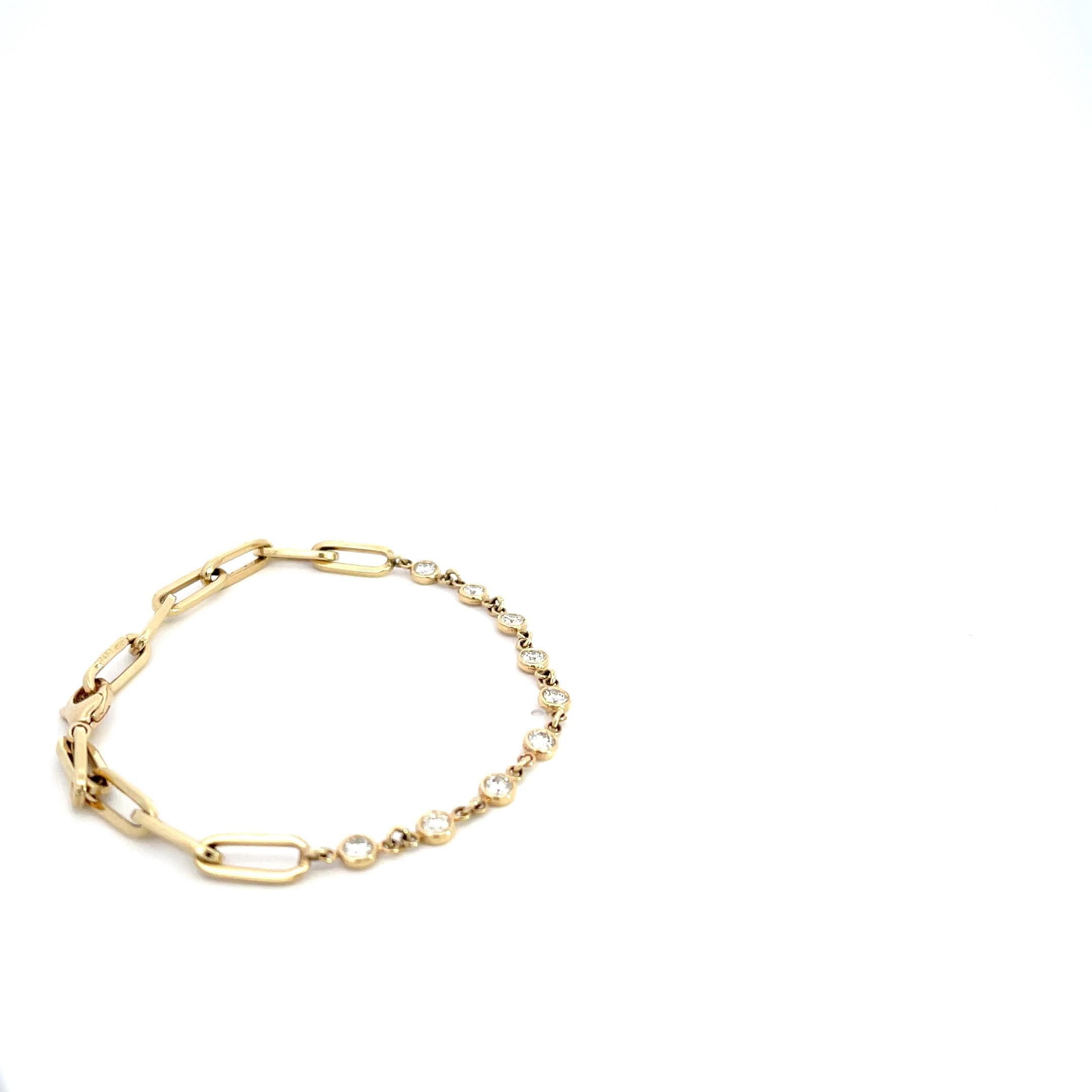 14K Yellow Gold 7/8ctw Diamond Bezel Paper Clip Bracelet In New Condition For Sale In New York, NY