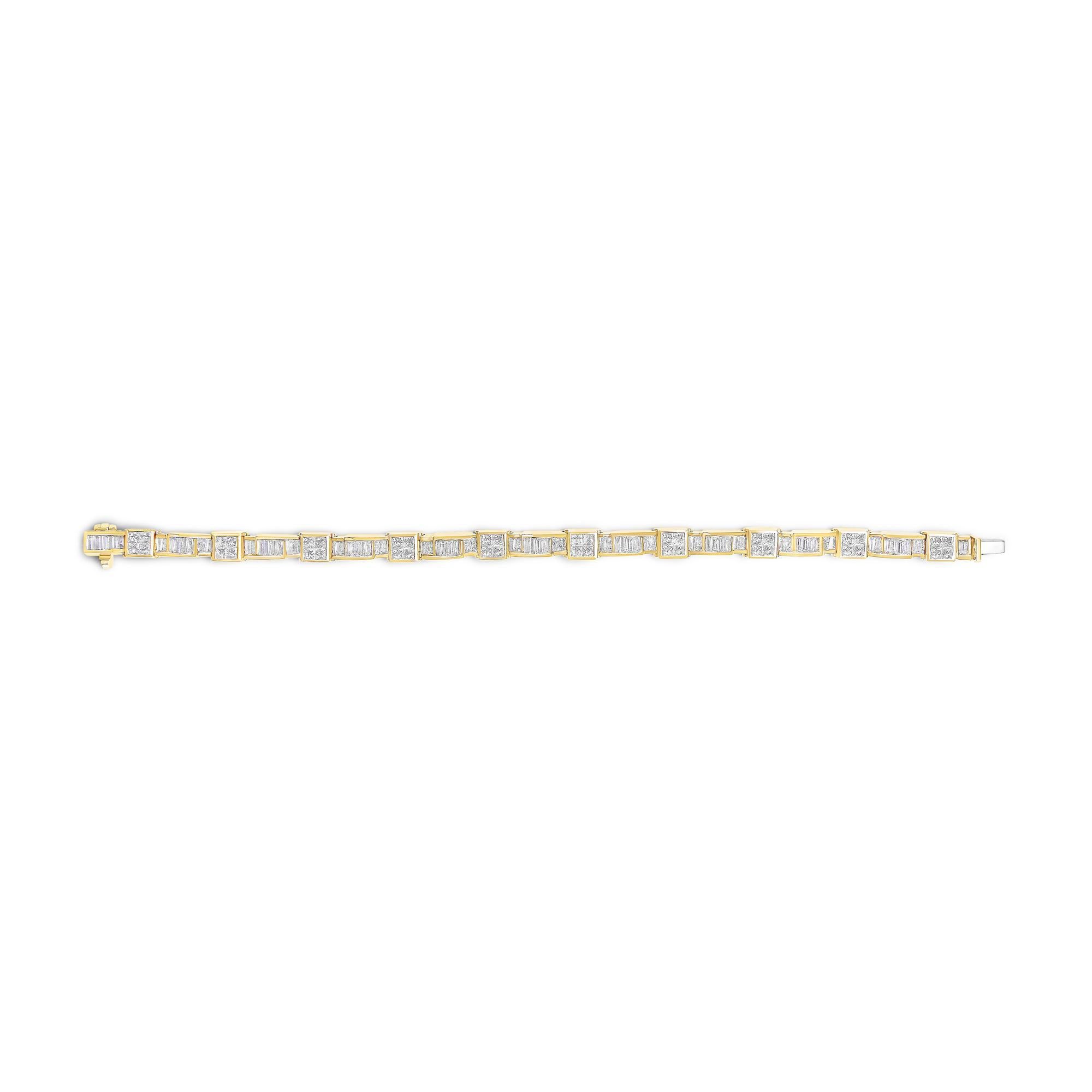 14K Yellow Gold 7.0 Cttw Diamond Alternating Box and Wave Link Bracelet (Moderne) im Angebot