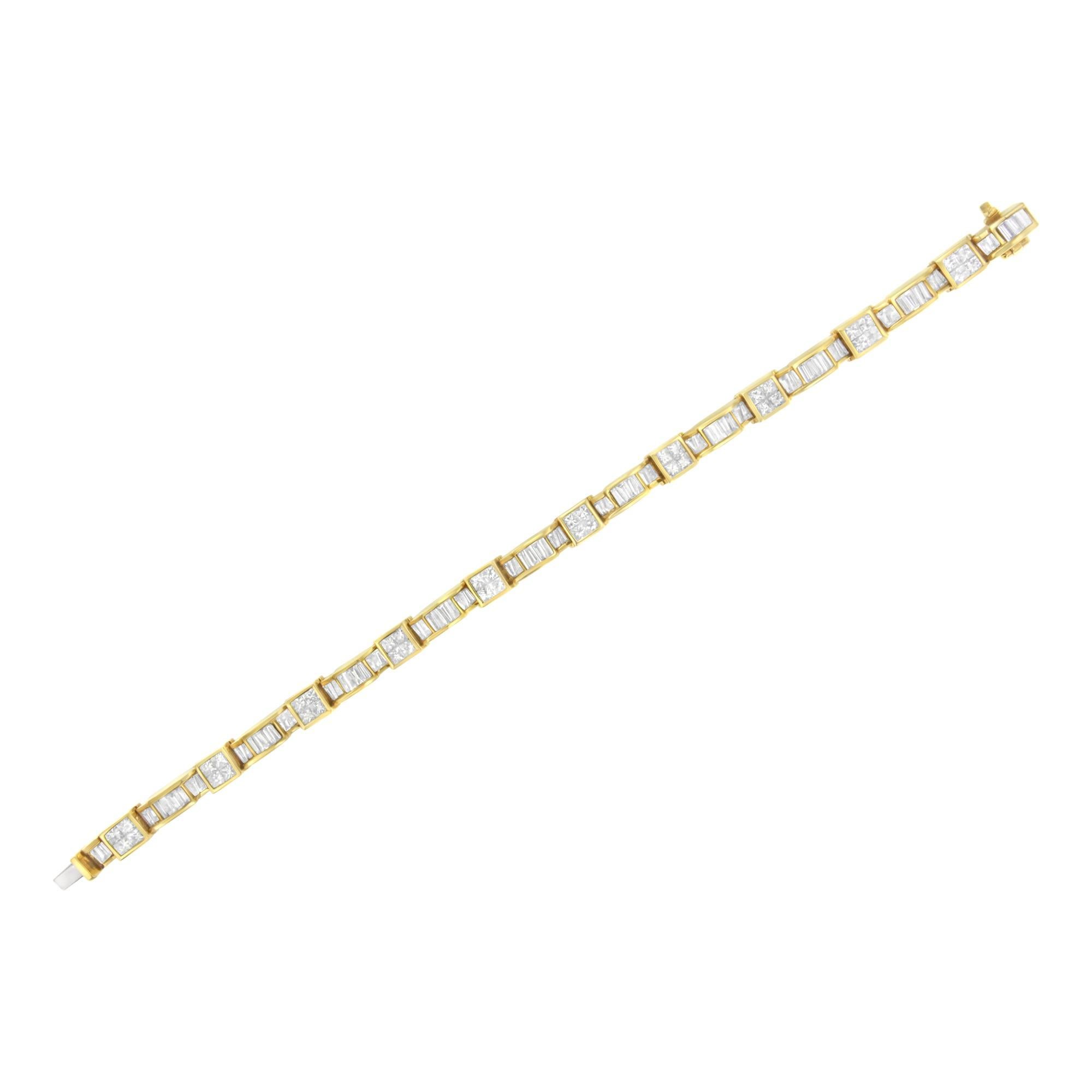 14K Yellow Gold 7.0 Cttw Diamond Alternating Box and Wave Link Bracelet (Baguetteschliff) im Angebot