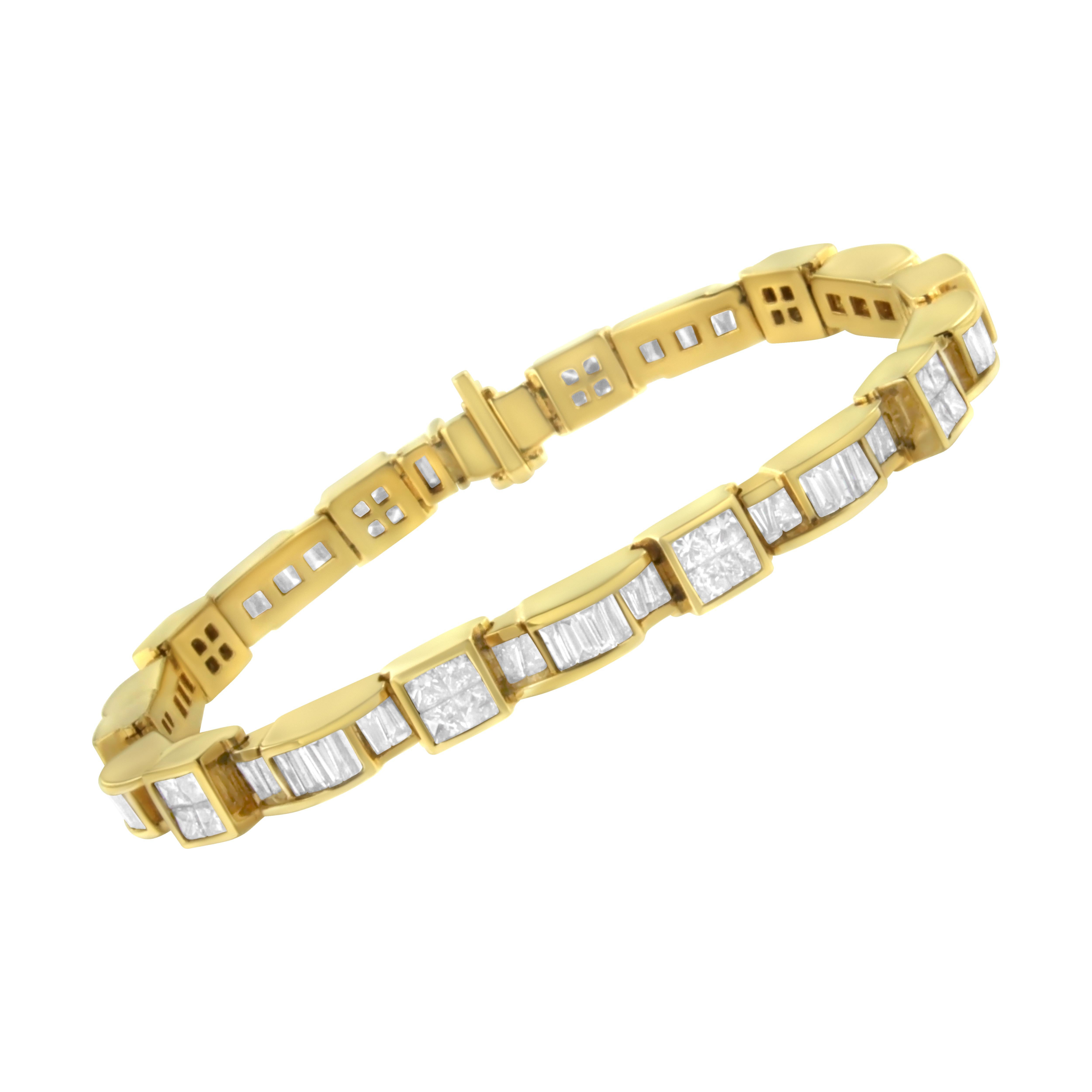 Flaunting sleek shapes and over 7 carats worth of sparkling princess and baguette cut diamonds, this eye-catching bracelet always gets noticed. Crafted in 14 karat yellow gold for a glossy shine, it's sure to become her go-to piece for every special