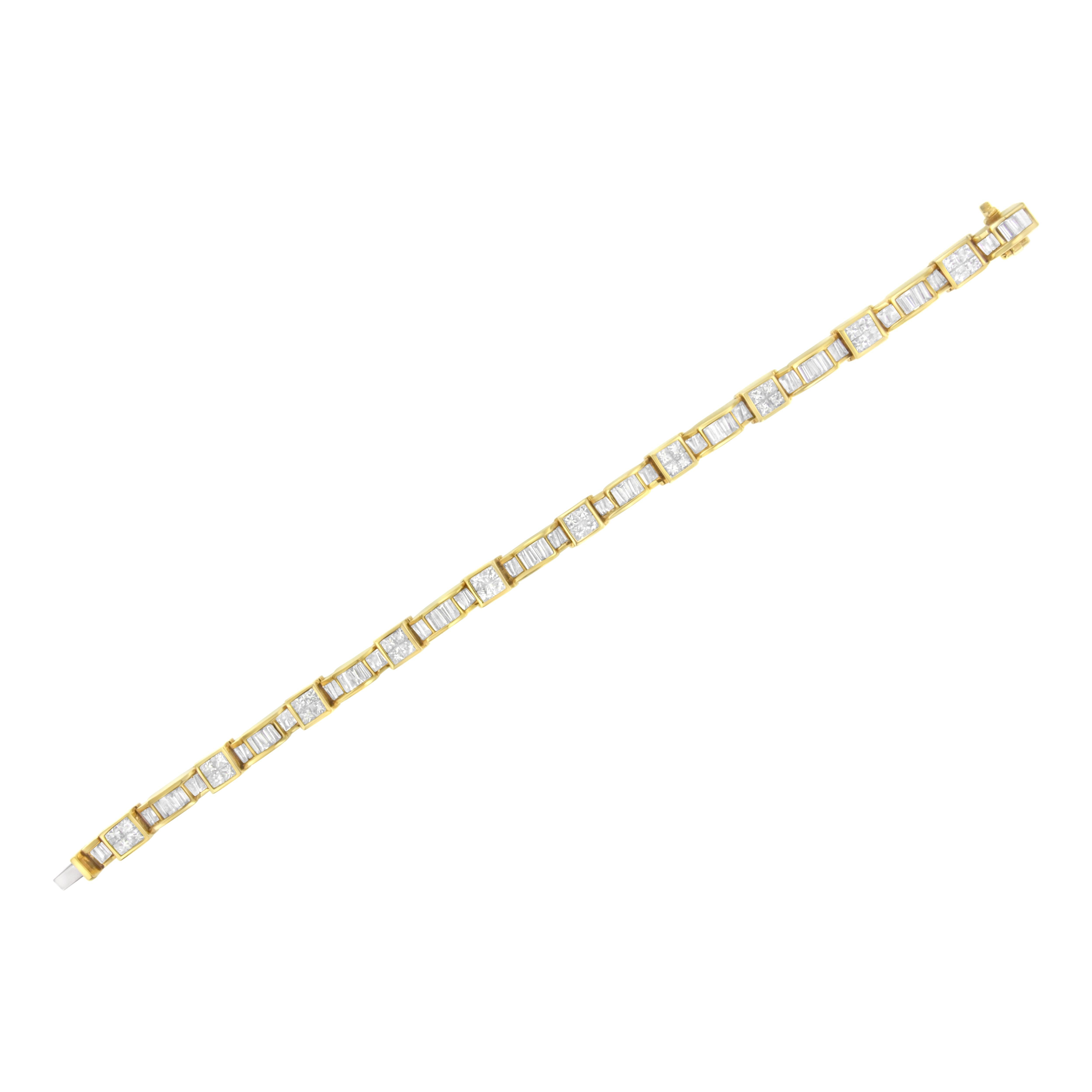 Taille baguette Bracelet en or jaune 14K à maillons en forme de cube et diamants de taille princesse et baguette de 7,00 carats en vente