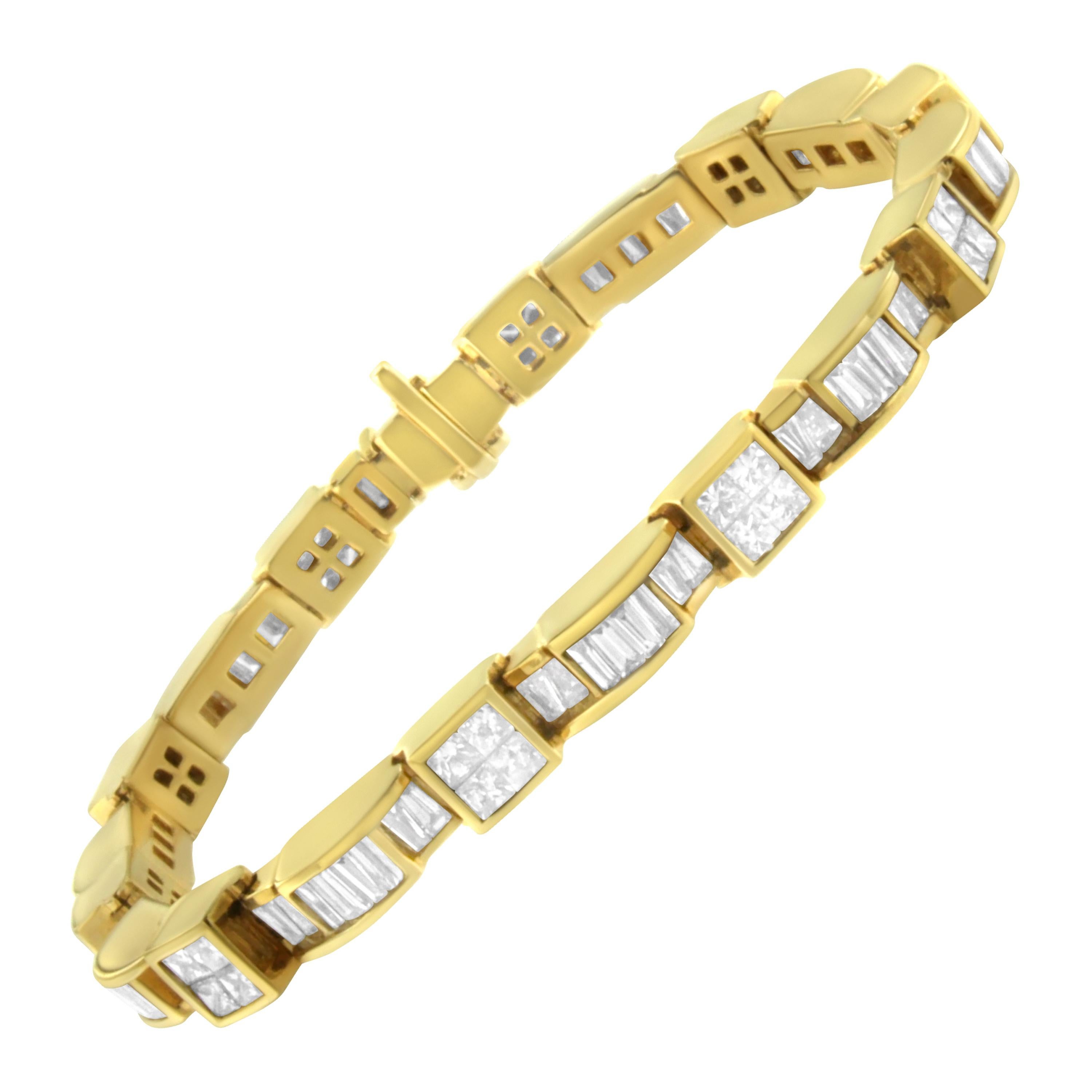 Bracelet en or jaune 14K à maillons en forme de cube et diamants de taille princesse et baguette de 7,00 carats en vente