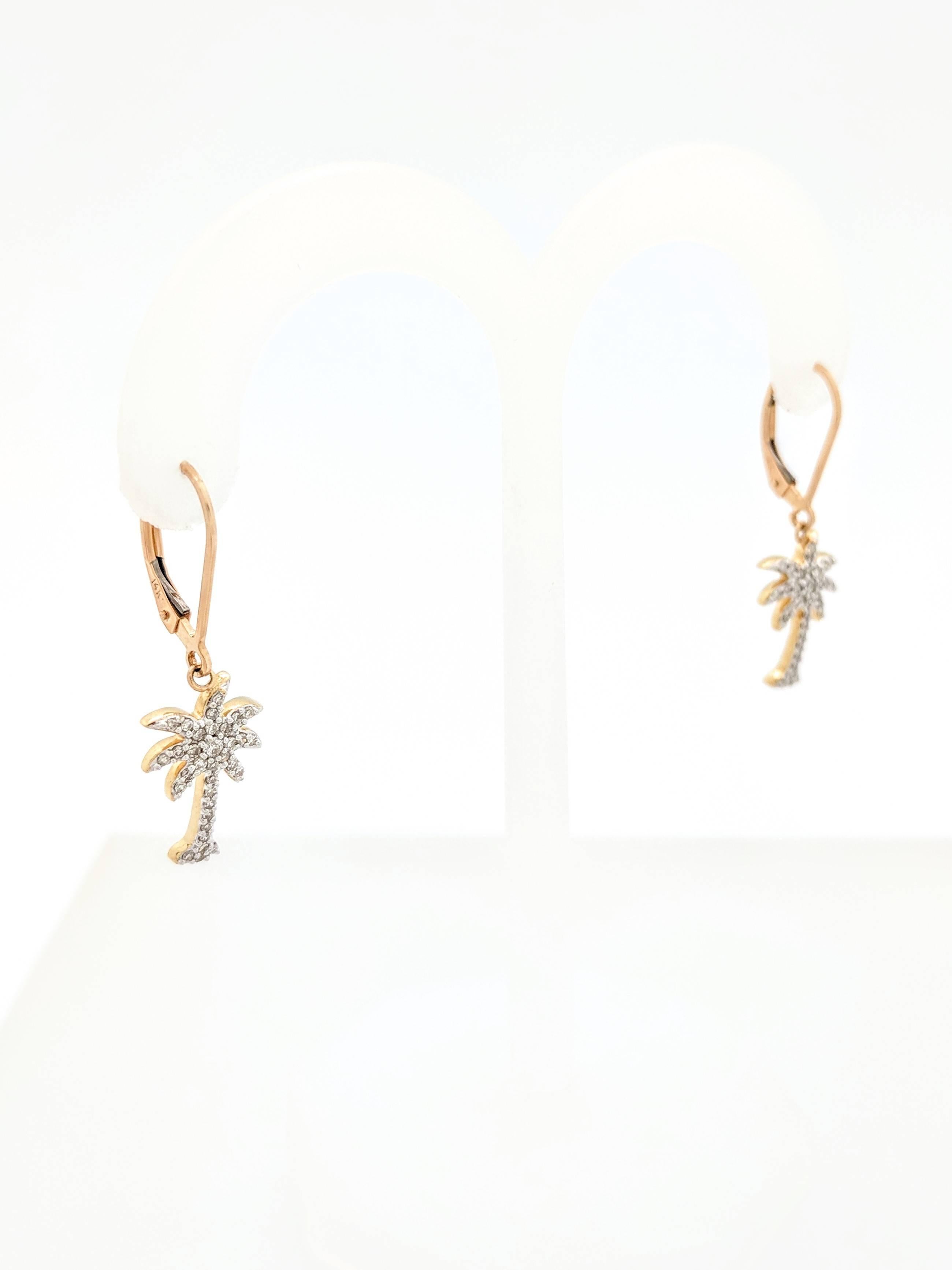 Contemporary 14 Karat Yellow Gold .70 Carat Diamond Palm Tree Dangle Earrings SI2/H