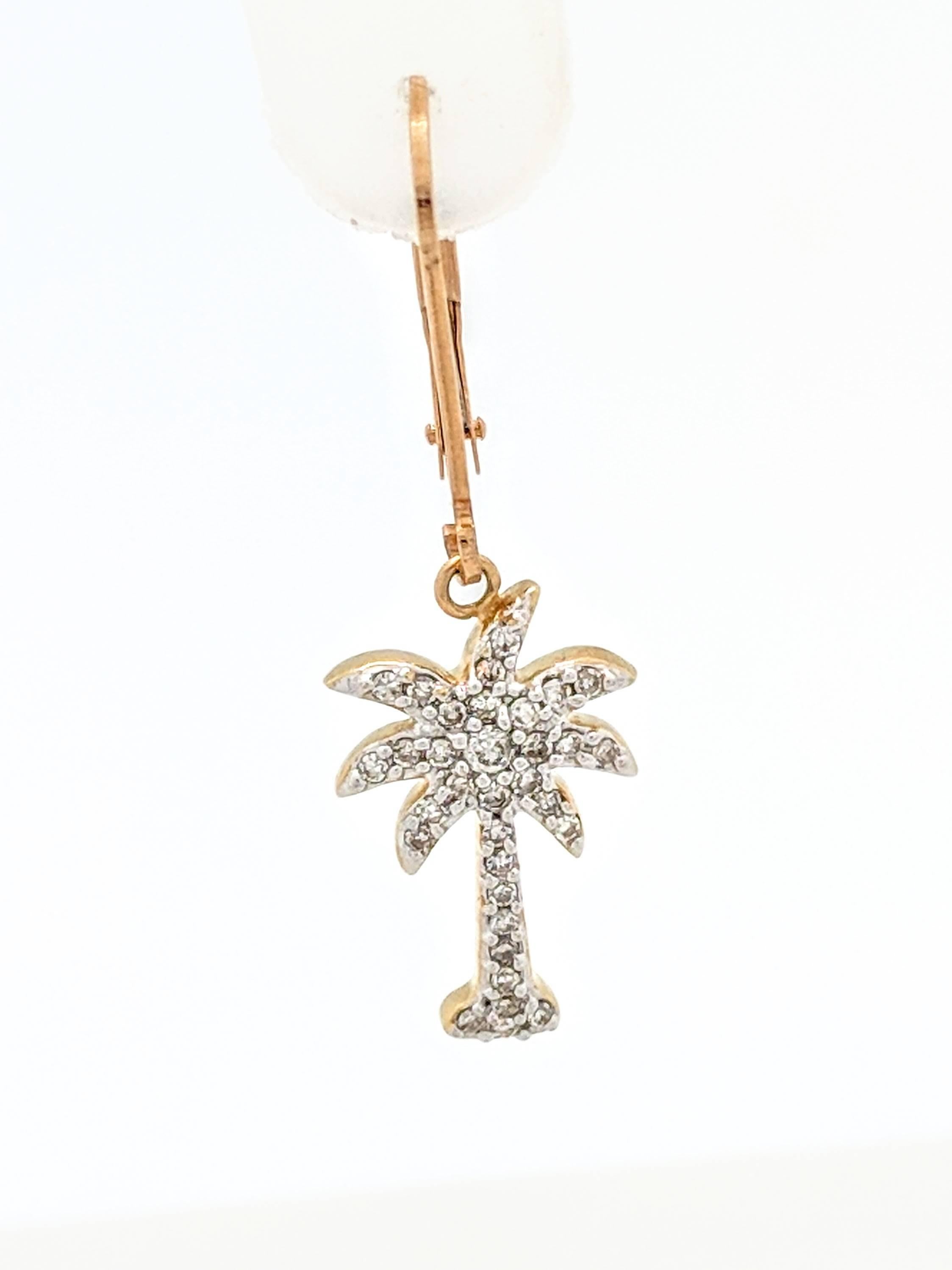 14 Karat Yellow Gold .70 Carat Diamond Palm Tree Dangle Earrings SI2/H In Excellent Condition In Gainesville, FL