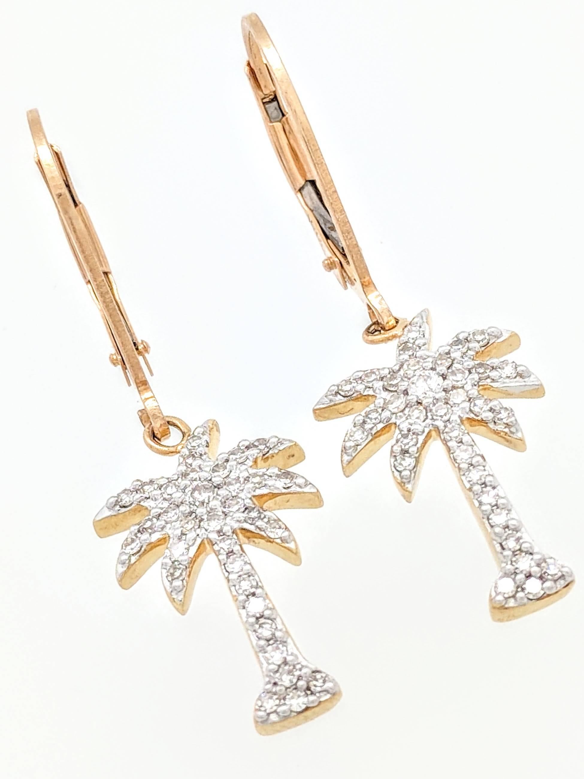 14 Karat Yellow Gold .70 Carat Diamond Palm Tree Dangle Earrings SI2/H 1