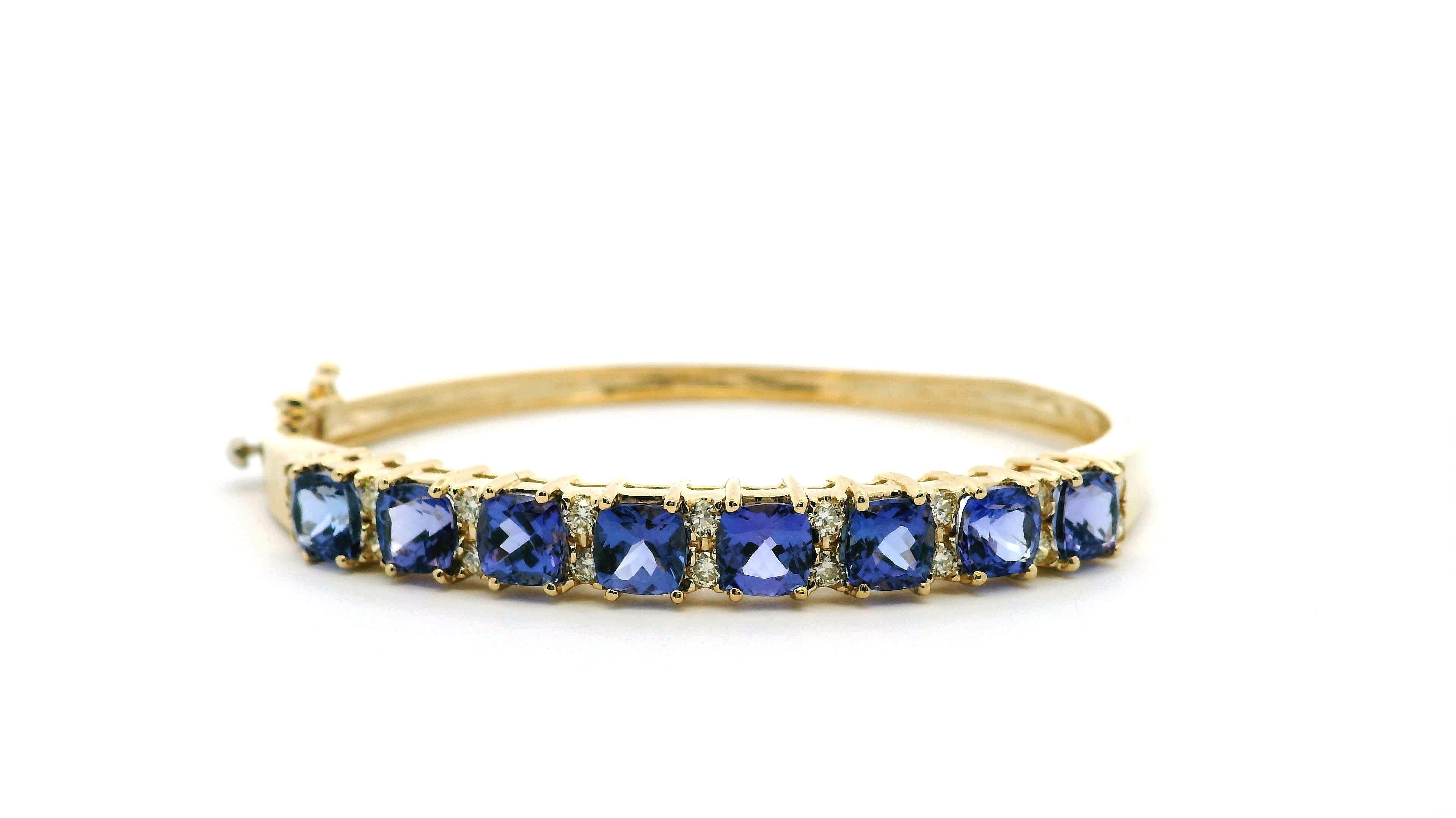 14k Yellow Gold 7.10ctw Tanzanite and 0.65ctw Round Diamond Bangle For Sale 4