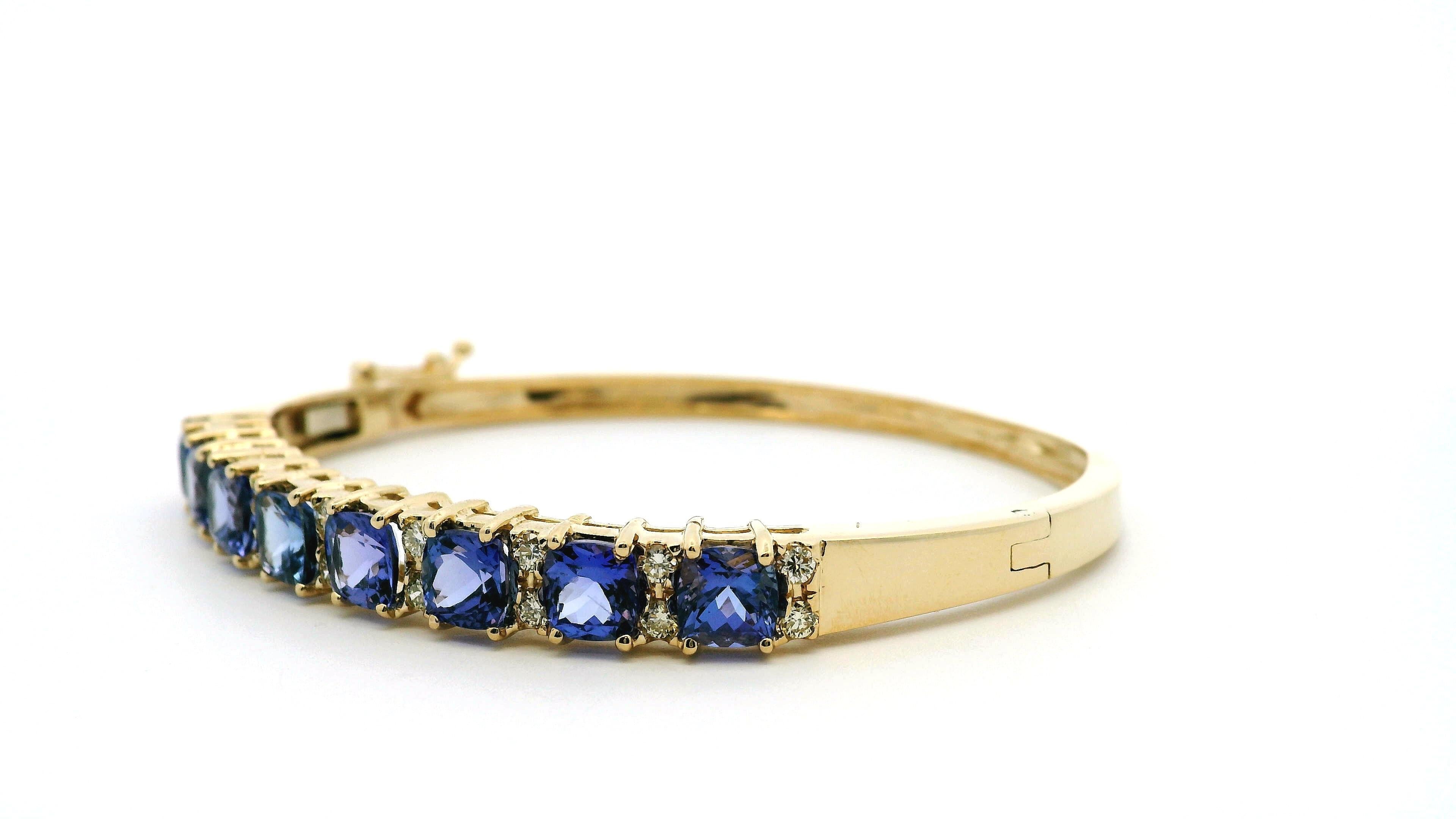 14k Yellow Gold 7.10ctw Tanzanite and 0.65ctw Round Diamond Bangle For Sale 5