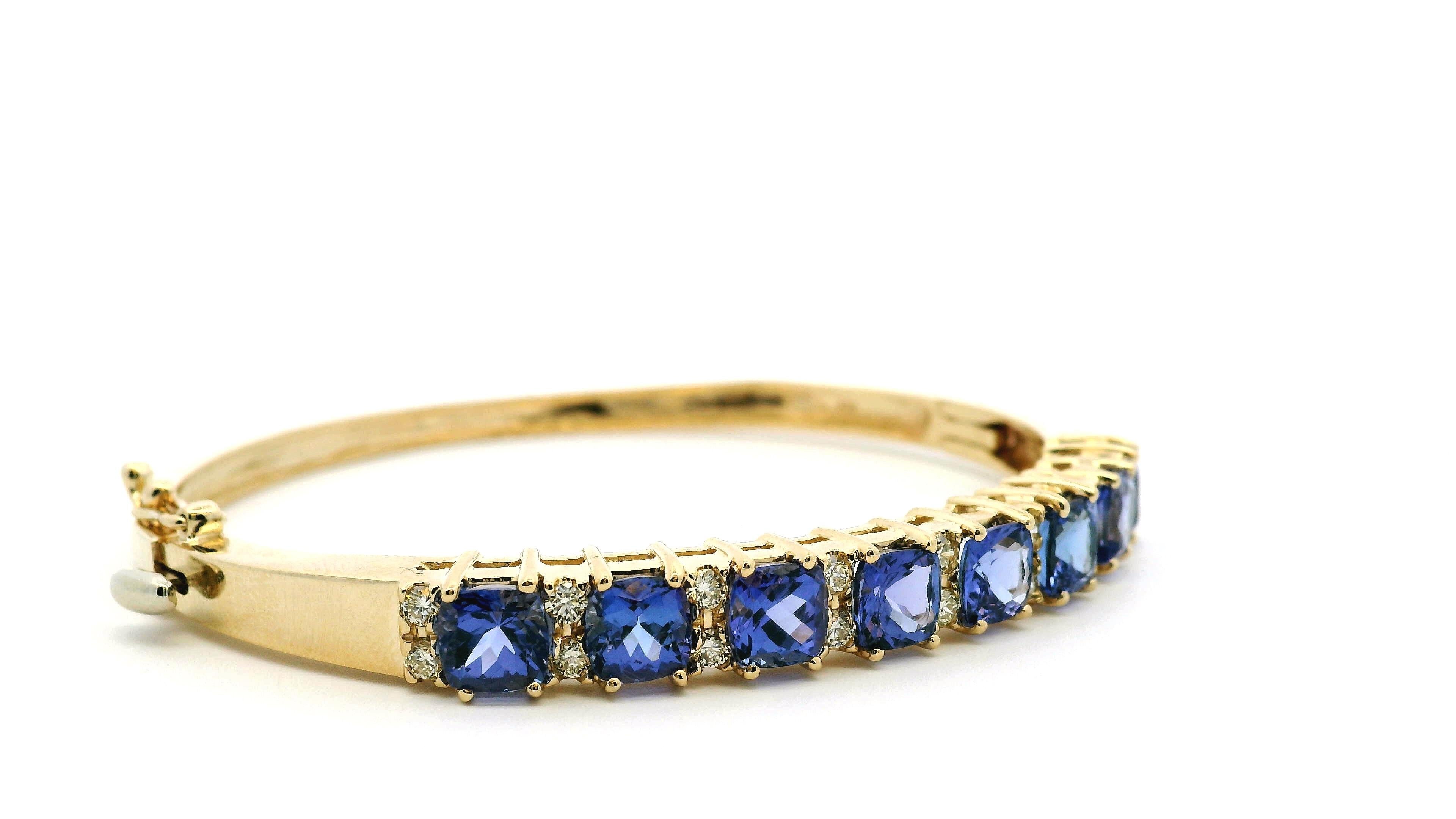 14k Yellow Gold 7.10ctw Tanzanite and 0.65ctw Round Diamond Bangle For Sale 6