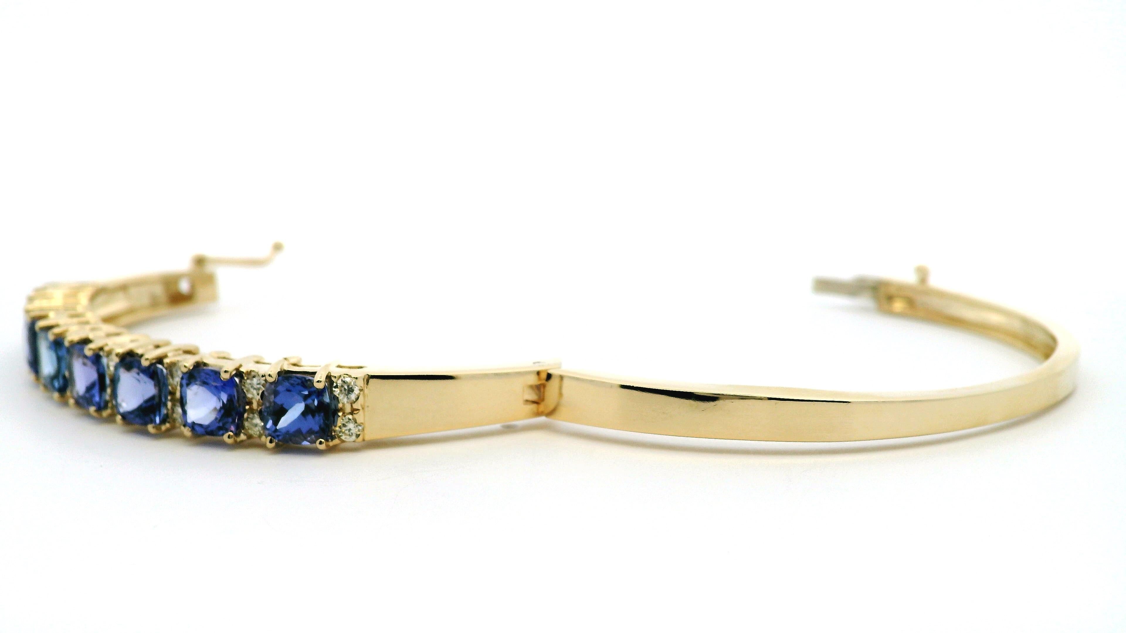 14k Yellow Gold 7.10ctw Tanzanite and 0.65ctw Round Diamond Bangle For Sale 9