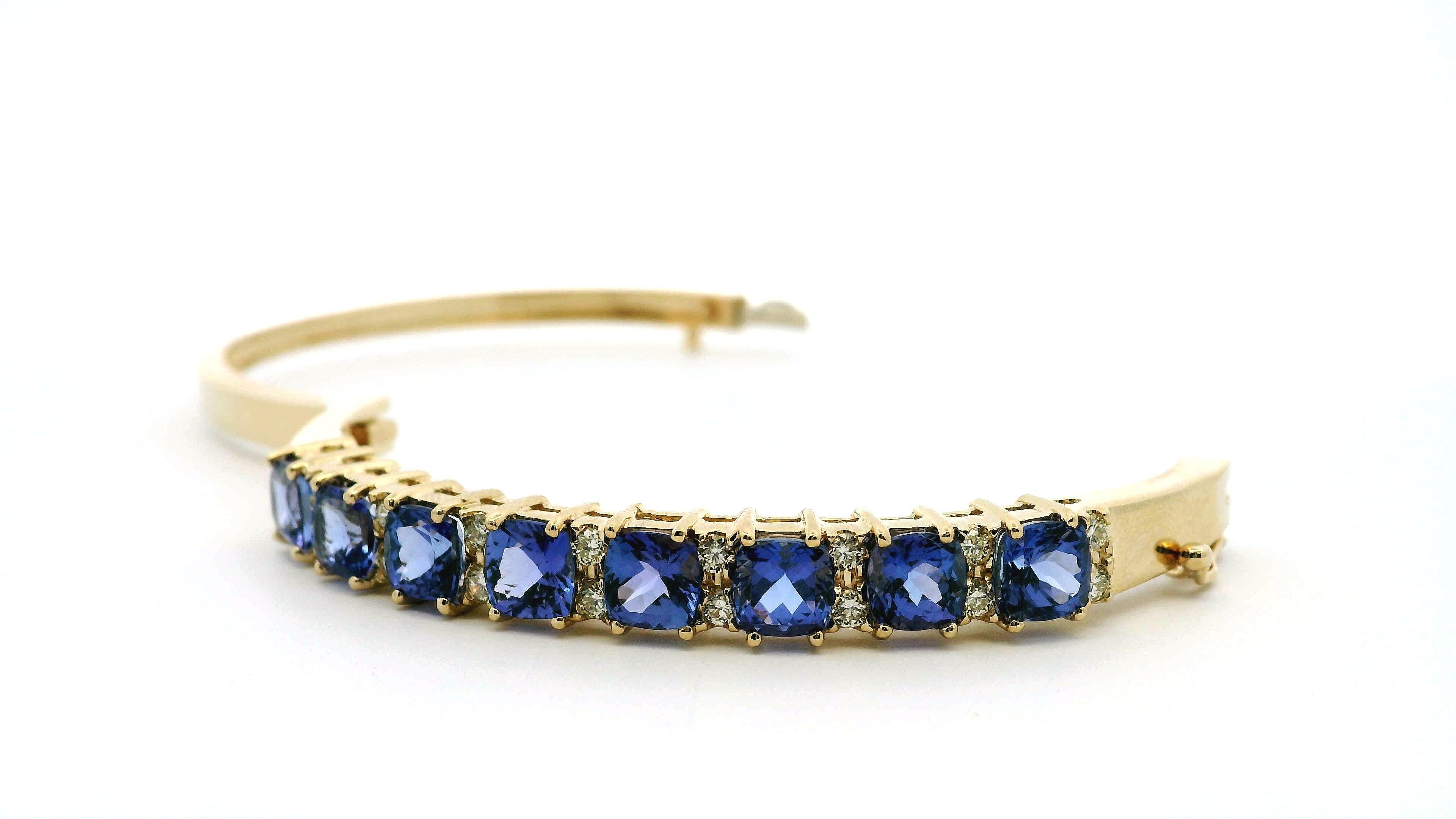 Cushion Cut 14k Yellow Gold 7.10ctw Tanzanite and 0.65ctw Round Diamond Bangle For Sale