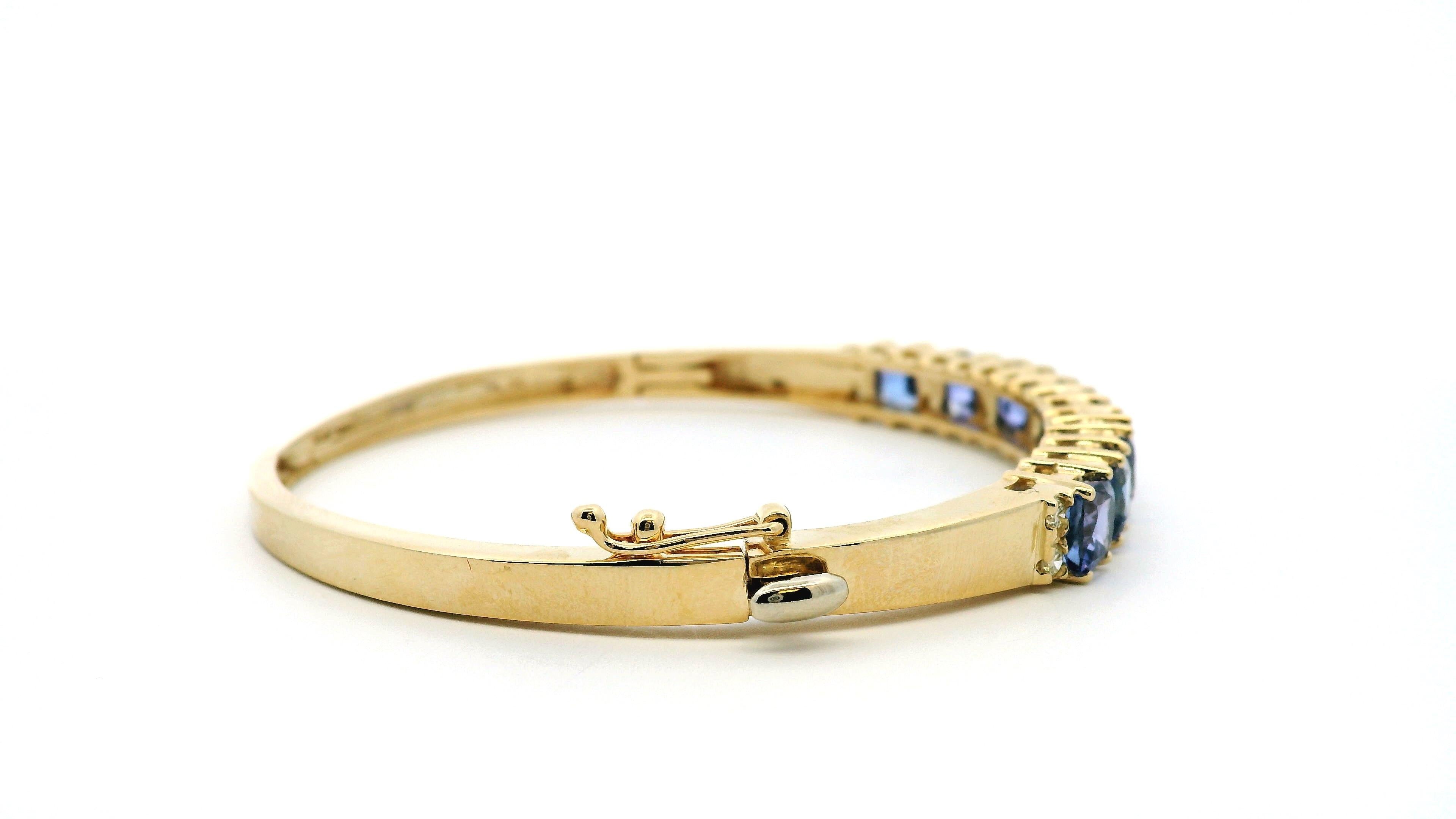 14k Yellow Gold 7.10ctw Tanzanite and 0.65ctw Round Diamond Bangle For Sale 2