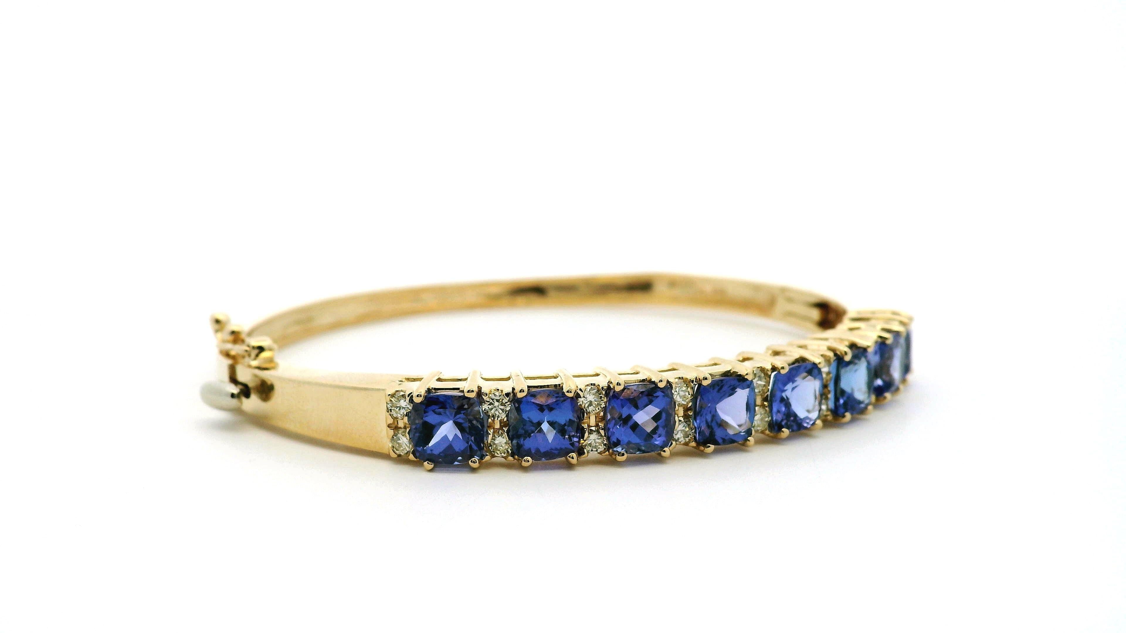 14k Yellow Gold 7.10ctw Tanzanite and 0.65ctw Round Diamond Bangle For Sale 3