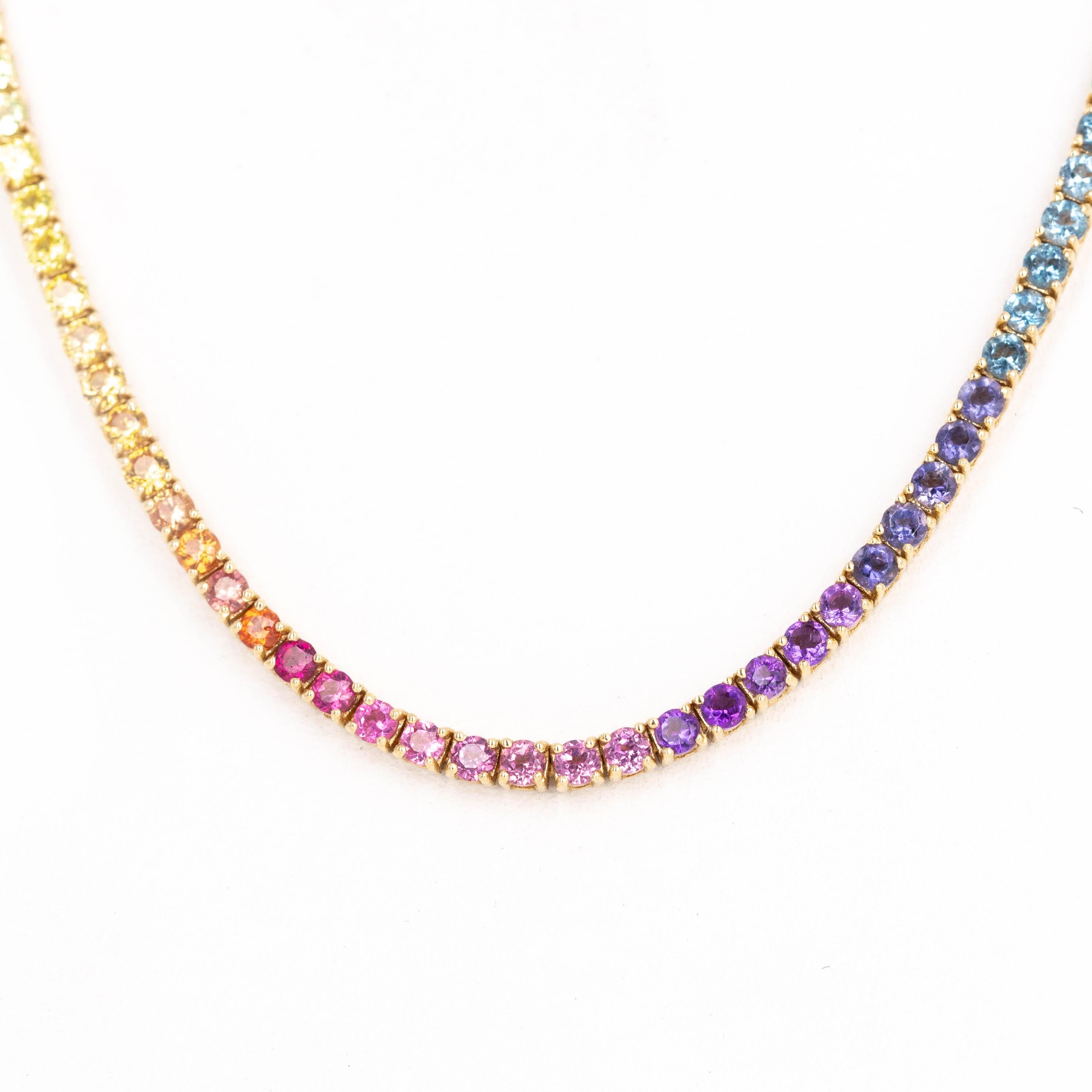 Collier tennis en or jaune 14 carats avec pierres précieuses rondes multicolores de 7,19 carats Neuf - En vente à Cape May, NJ