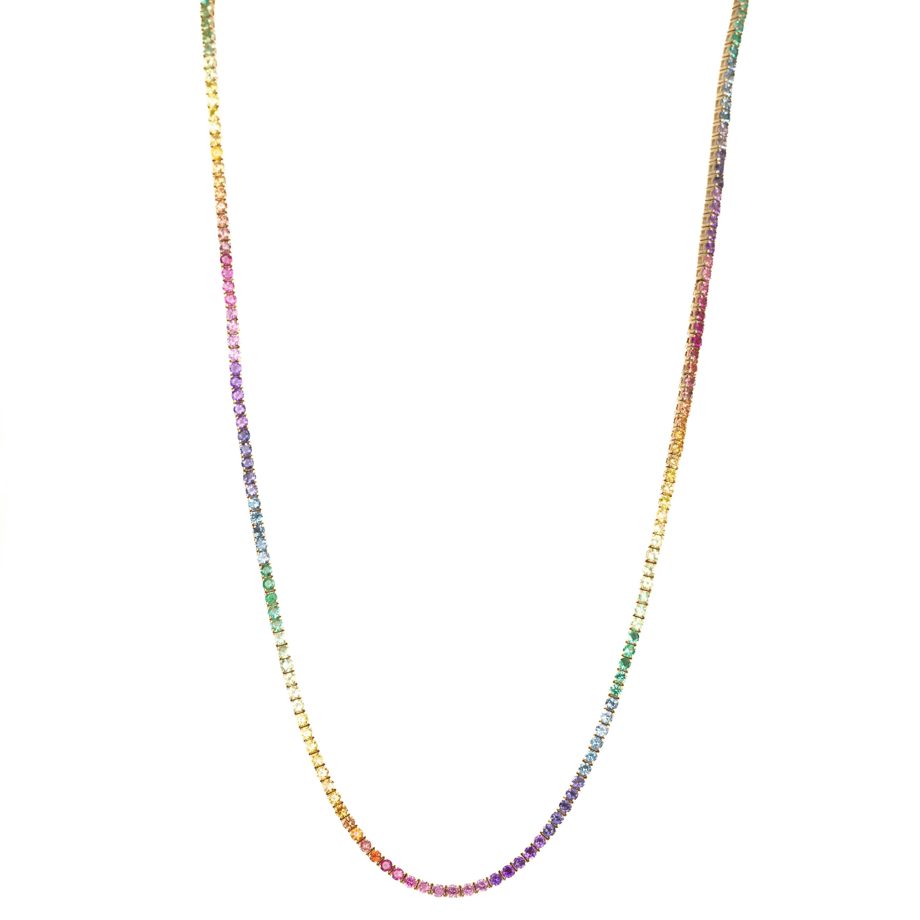 Collier tennis en or jaune 14 carats avec pierres précieuses rondes multicolores de 7,19 carats Pour femmes en vente