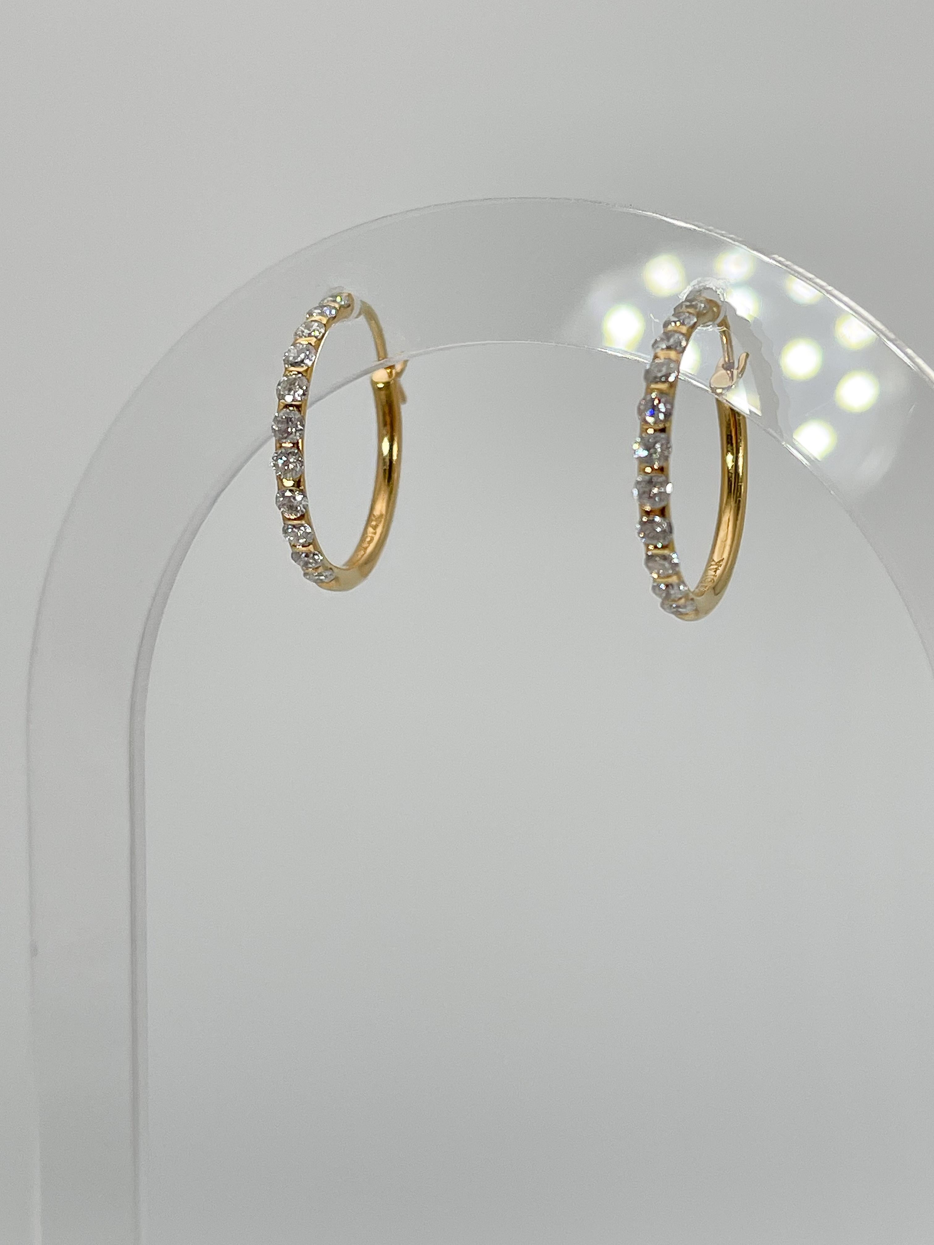 Round Cut 14K Yellow Gold .75 CTW Diamond Hoop Earrings For Sale