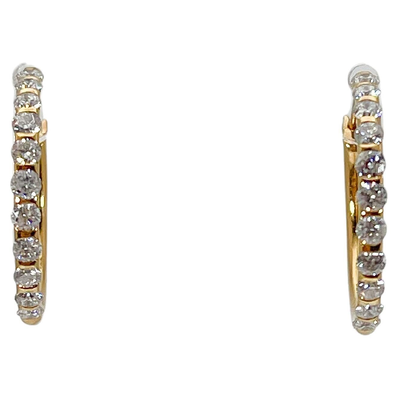 14K Yellow Gold .75 CTW Diamond Hoop Earrings For Sale