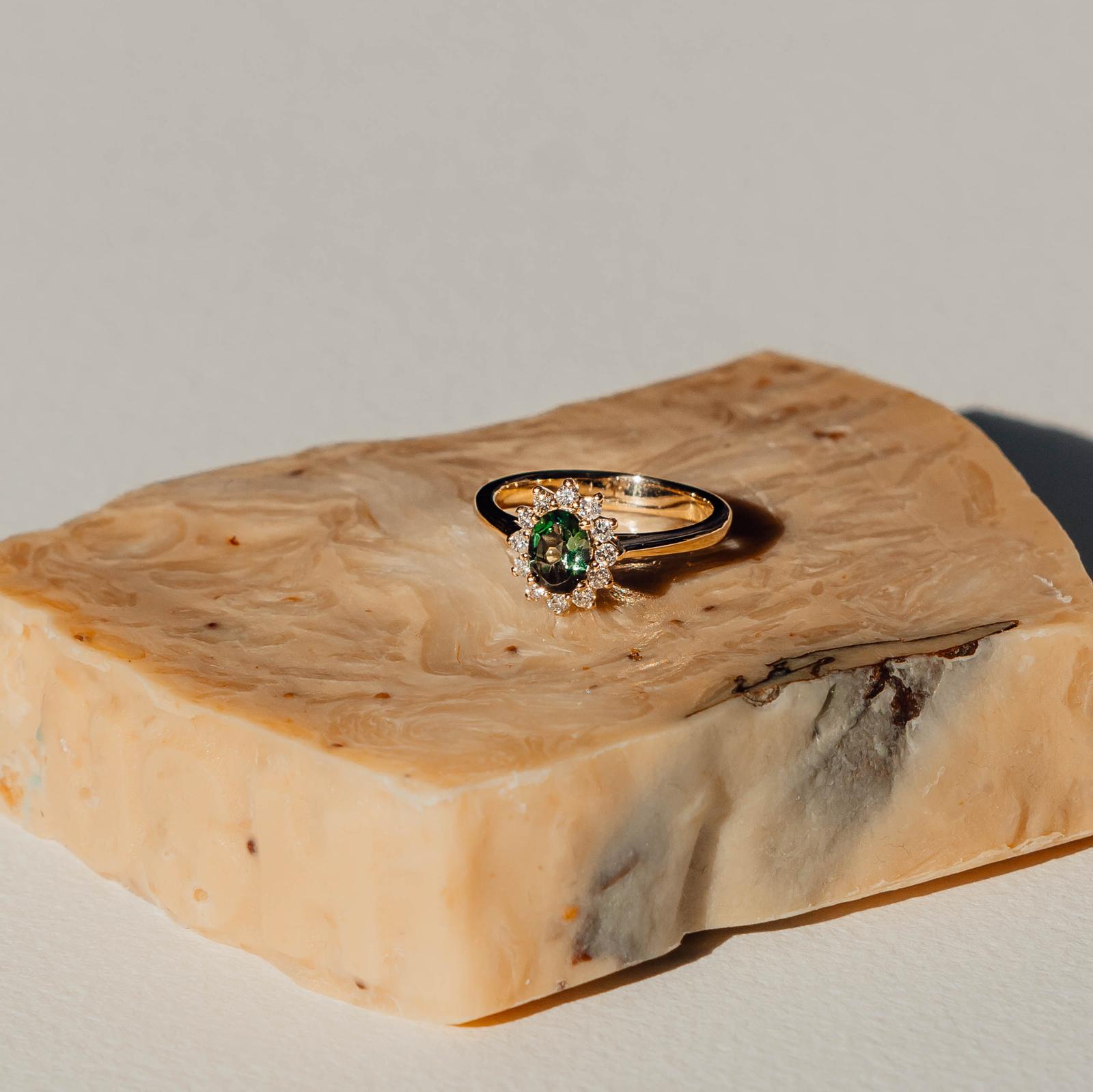For Sale:  14k Yellow Gold .75ct Natural Tourmaline & Diamond'.3t.c.w' Halo Engagement Ring 7