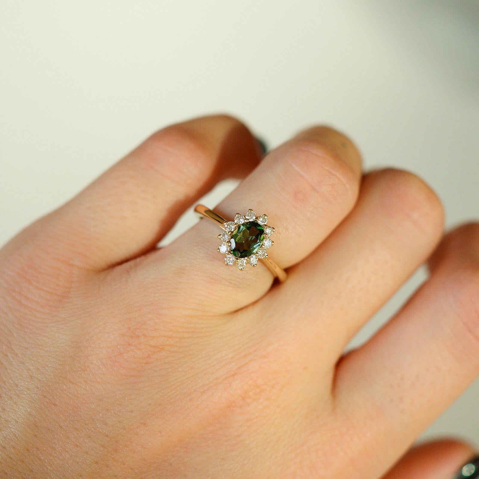 For Sale:  14k Yellow Gold .75ct Natural Tourmaline & Diamond'.3t.c.w' Halo Engagement Ring 8