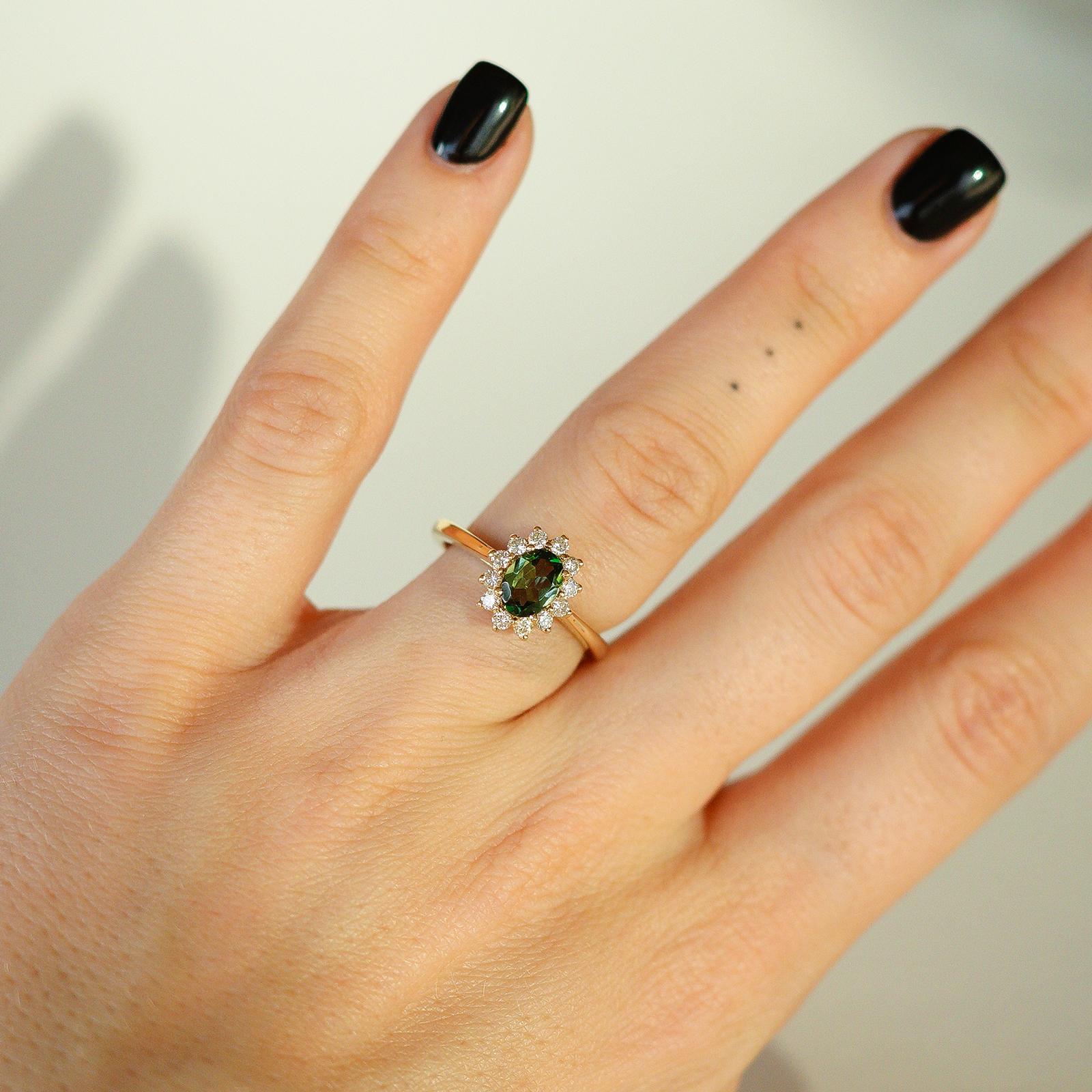 For Sale:  14k Yellow Gold .75ct Natural Tourmaline & Diamond'.3t.c.w' Halo Engagement Ring 9