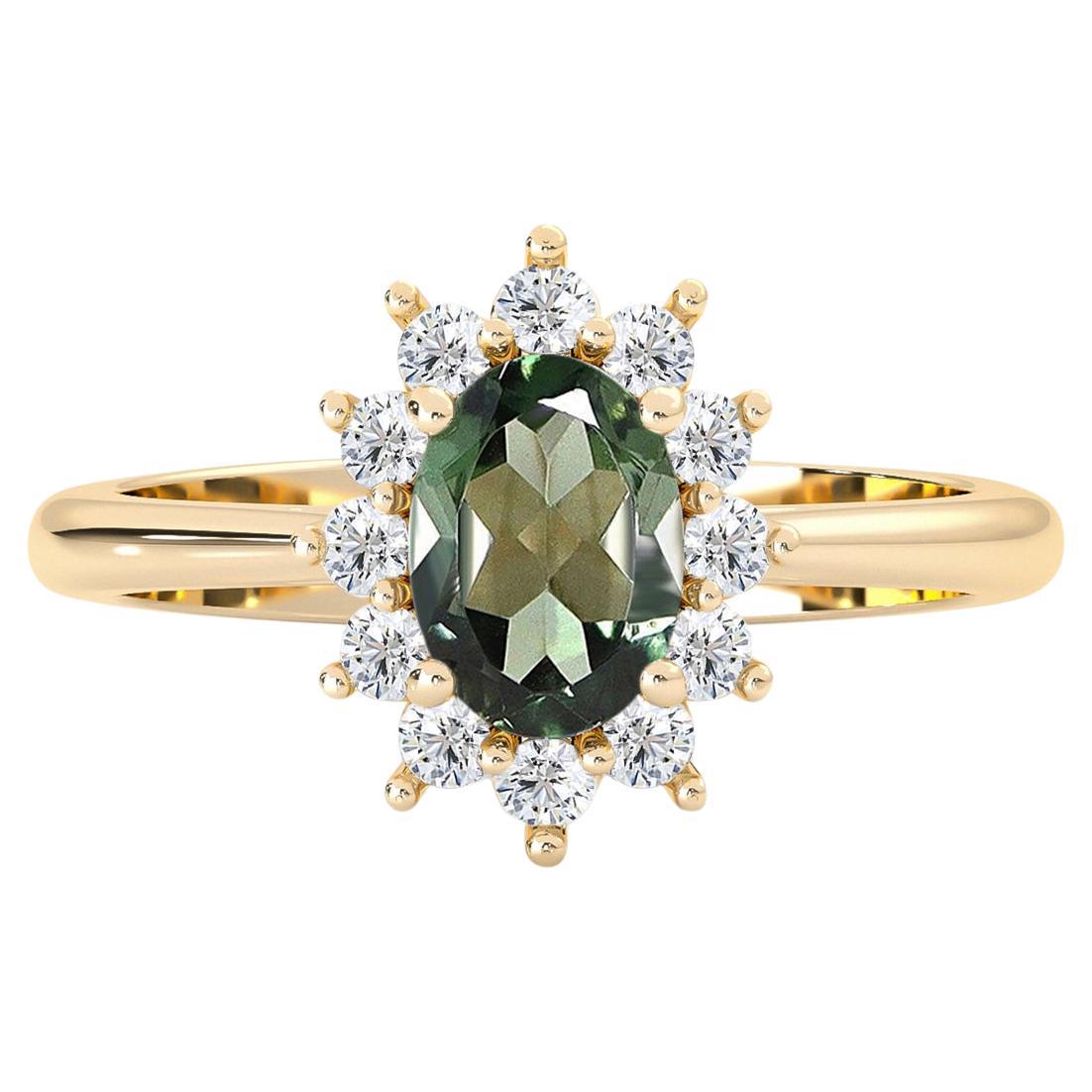 For Sale:  14k Yellow Gold .75ct Natural Tourmaline & Diamond'.3t.c.w' Halo Engagement Ring