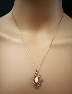14k Yellow Gold .76 Carat Fire Opal Cabochon Modernist, Brutalist Necklace 18"