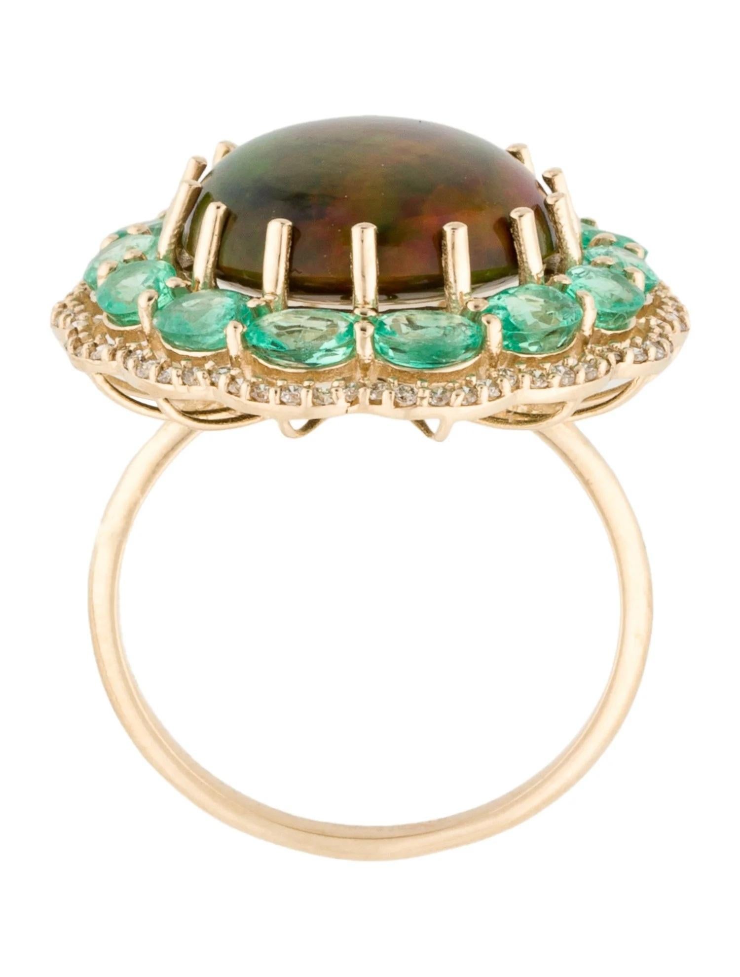 14K Yellow Gold 7.65ct Opal, 2.30ct Emerald & 0.26ct Diamond Cocktail Ring, Size In New Condition For Sale In Holtsville, NY