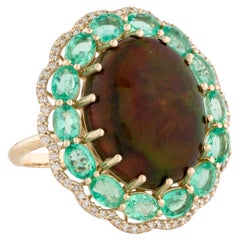 14K Yellow Gold 7.65ct Opal, 2.30ct Emerald & 0.26ct Diamond Cocktail Ring, Size