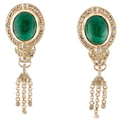 14K Yellow Gold 7.66ctw Cabochon Oval Emerald 
Diamond Drop Earrings Featuring