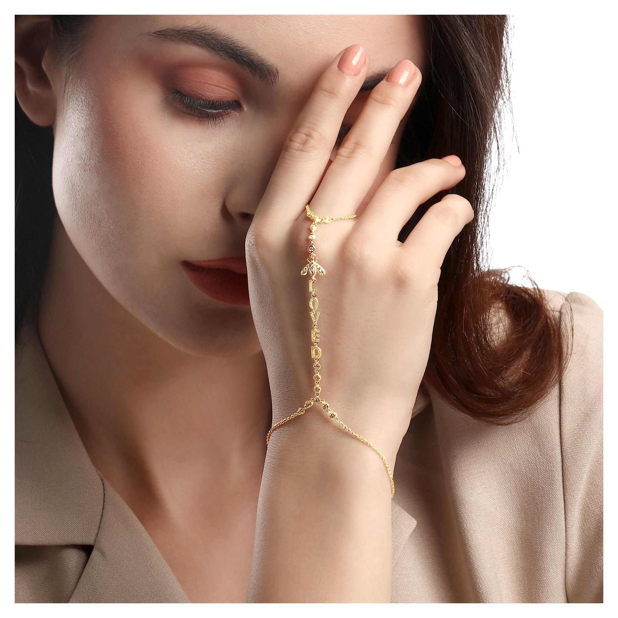 Loved Letter Charm 78 Diamonds 14K Gold Hand Chain