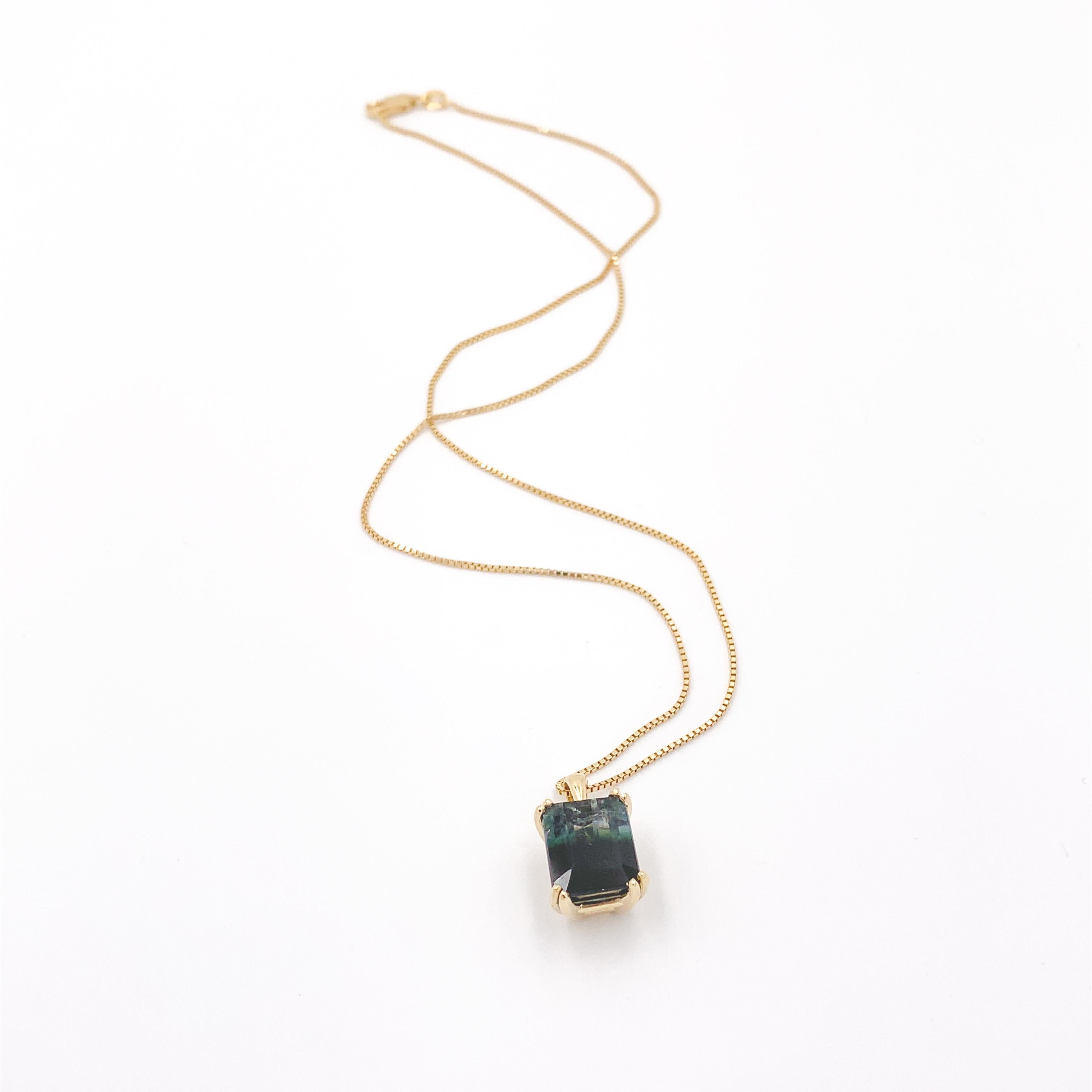 Emerald Cut 14K Yellow Gold 7.92 carat Bi-Color Tourmaline Pendant with chain For Sale