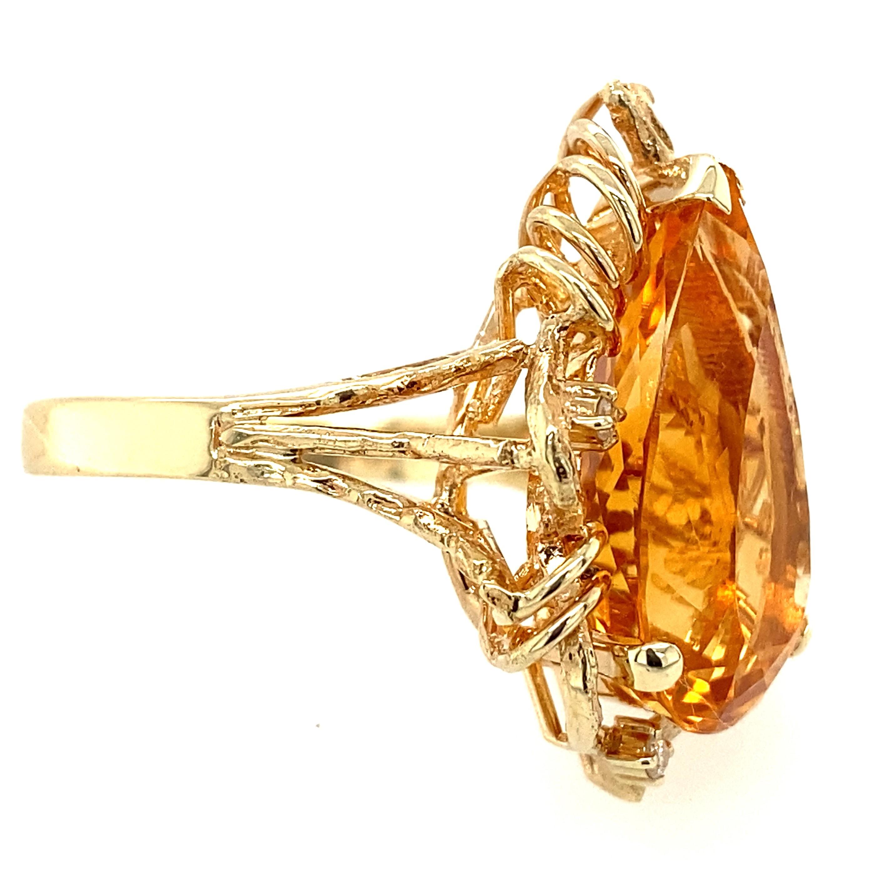 Pear Cut 14K Yellow Gold 7.98ct Golden Citrine Ring 1970s
