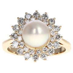 14K Yellow Gold 7.9mm Cultured Pearl & Diamond Double Halo Ring