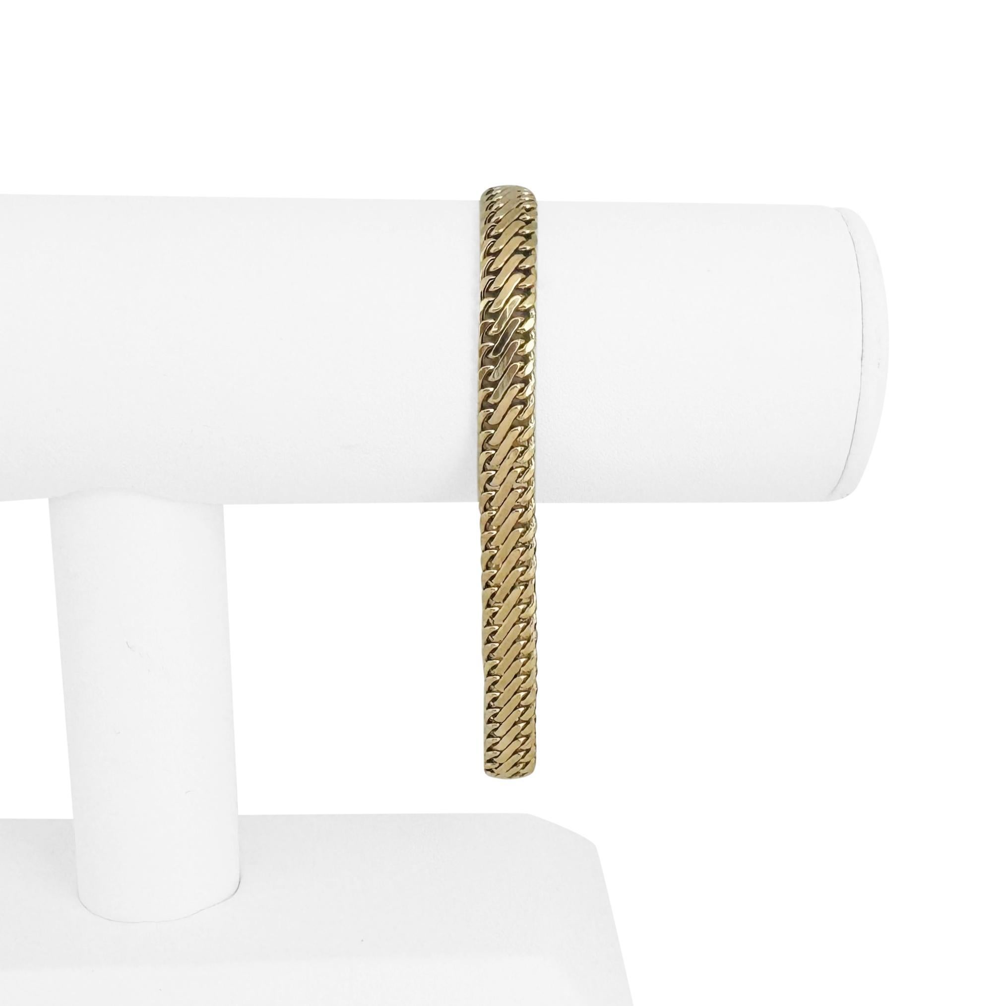 Zustand:  Ausgezeichneter Condit, Professionell gereinigt und poliert
Metall: 14k Gold (markiert und professionell getestet)
Gewicht: 7g
Länge: 8 Zoll
Breite: 7 mm
Verschluss: Federring
Markierungen: 