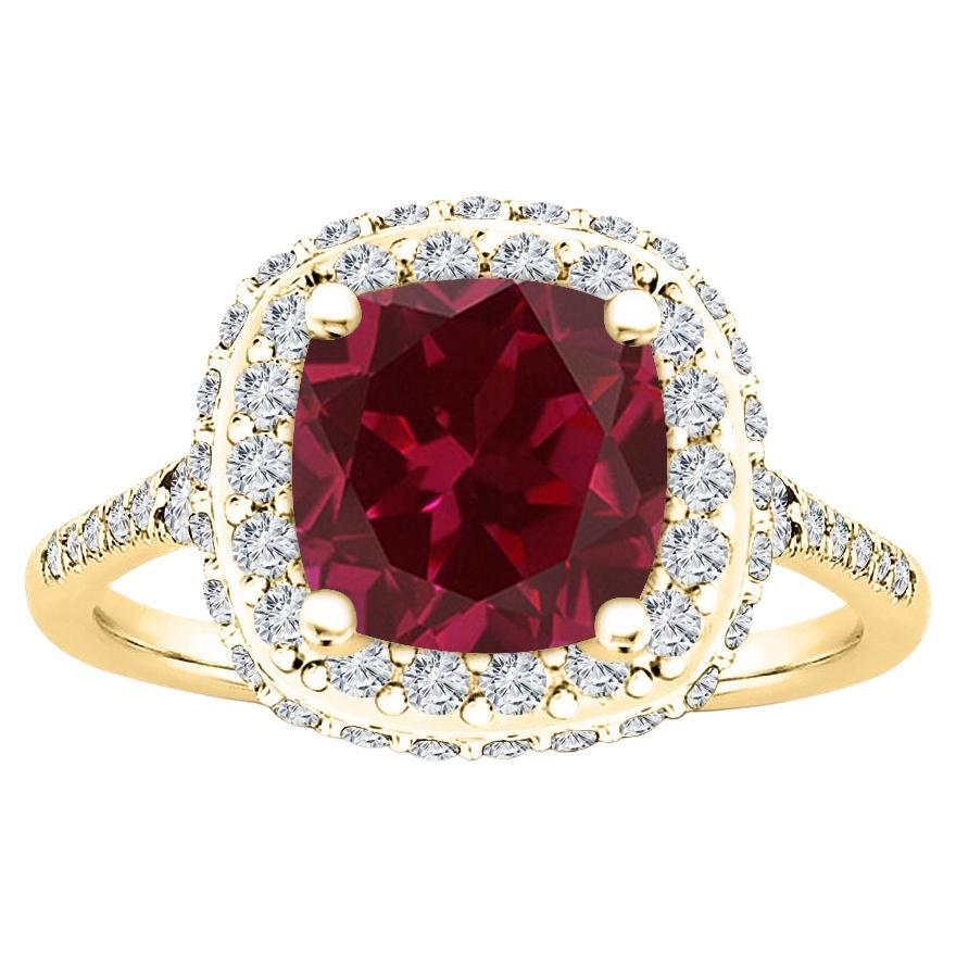 14 Karat Gelbgold Ring mit natürlichem Rubin im Kissenschliff Halo 0,75 Karat Diamant
