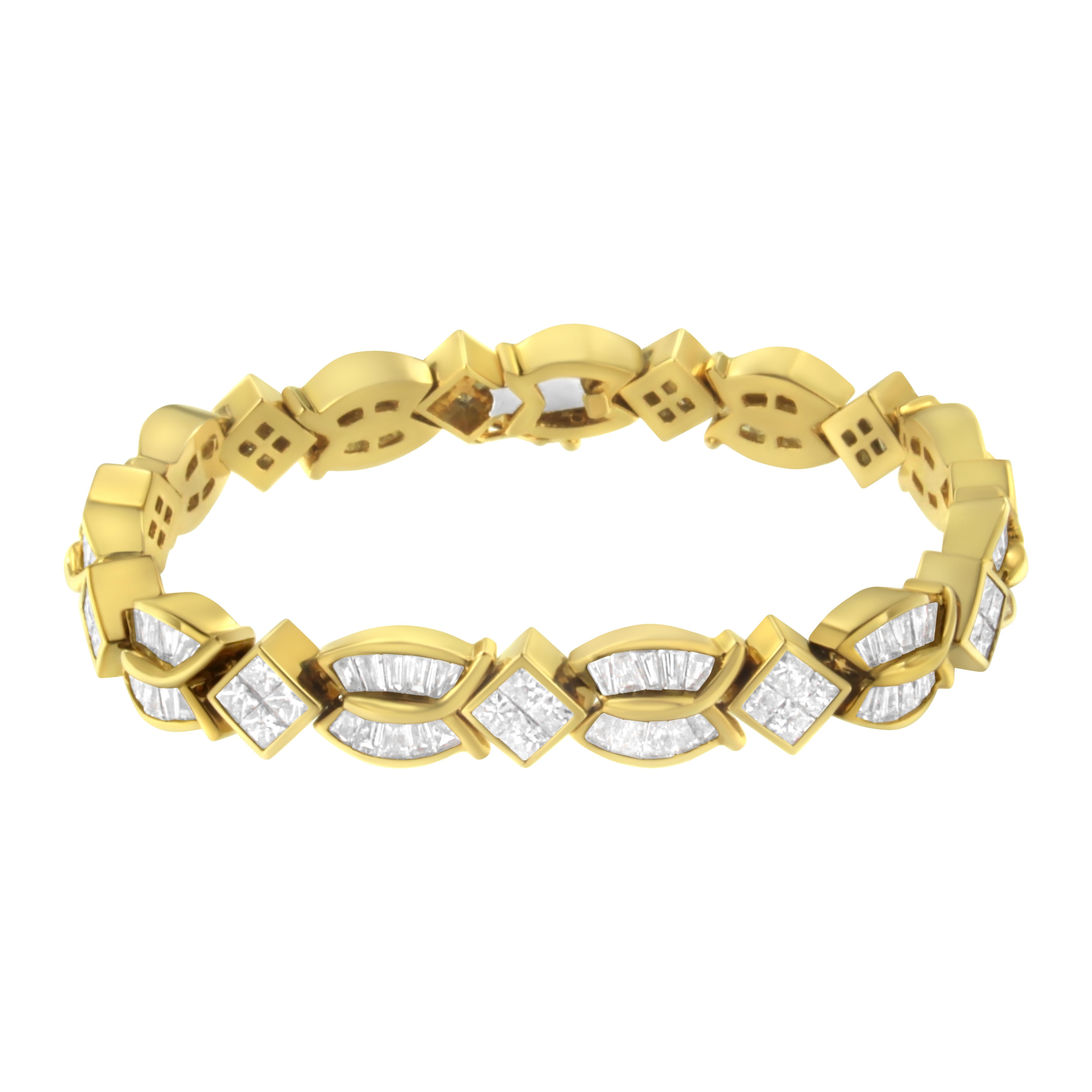 The rich texture of this 14 karat yellow gold bracelet is what makes it so uniquely charming. Featuring over 8 carats of princess and baguette cut diamonds, each intricate twist and turn was designed to catch the light, inspiring plenty of envious