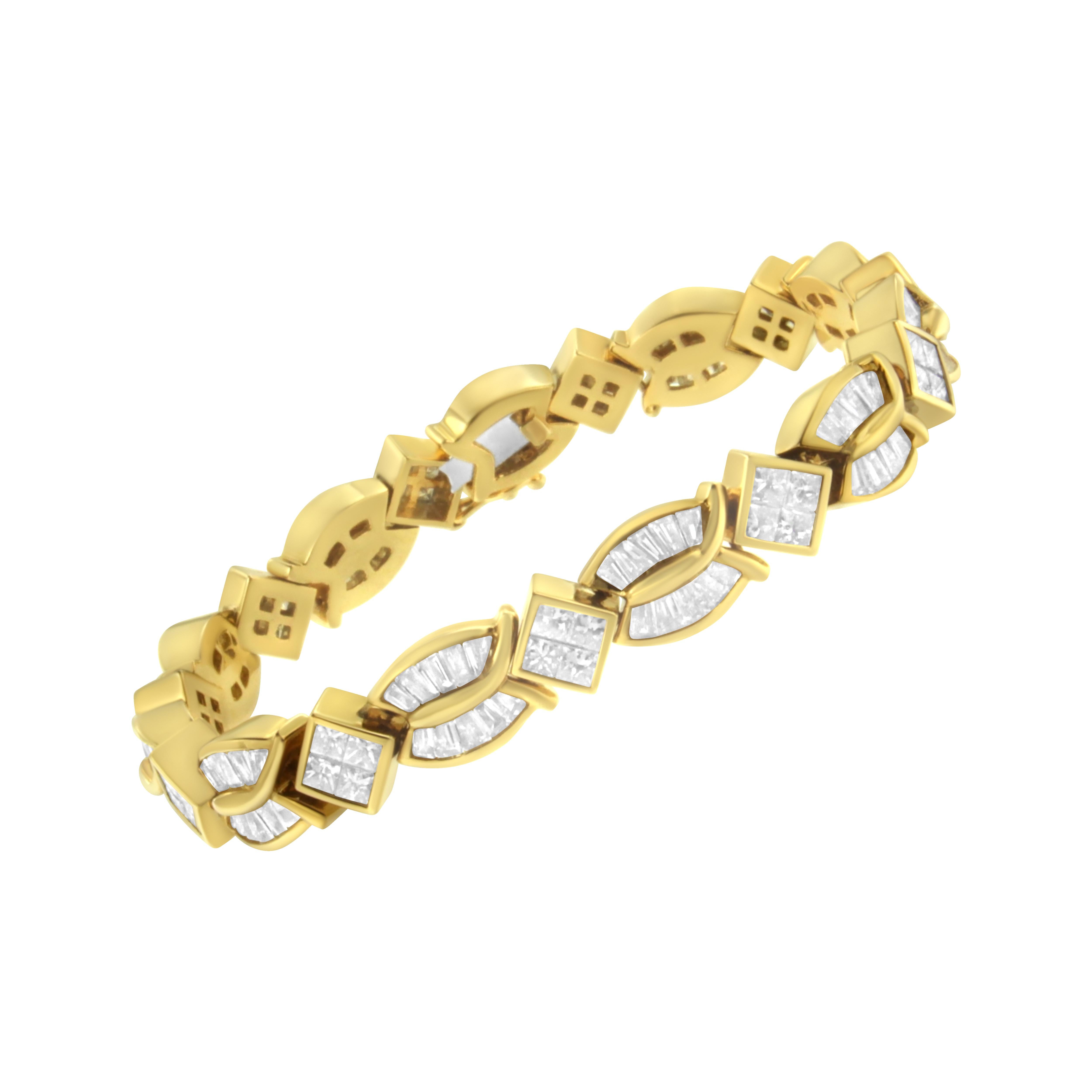 Contemporary 14K Yellow Gold 8 1/5 Carat Princess and Baguette Cut Diamond Geo-Twist Bracelet For Sale