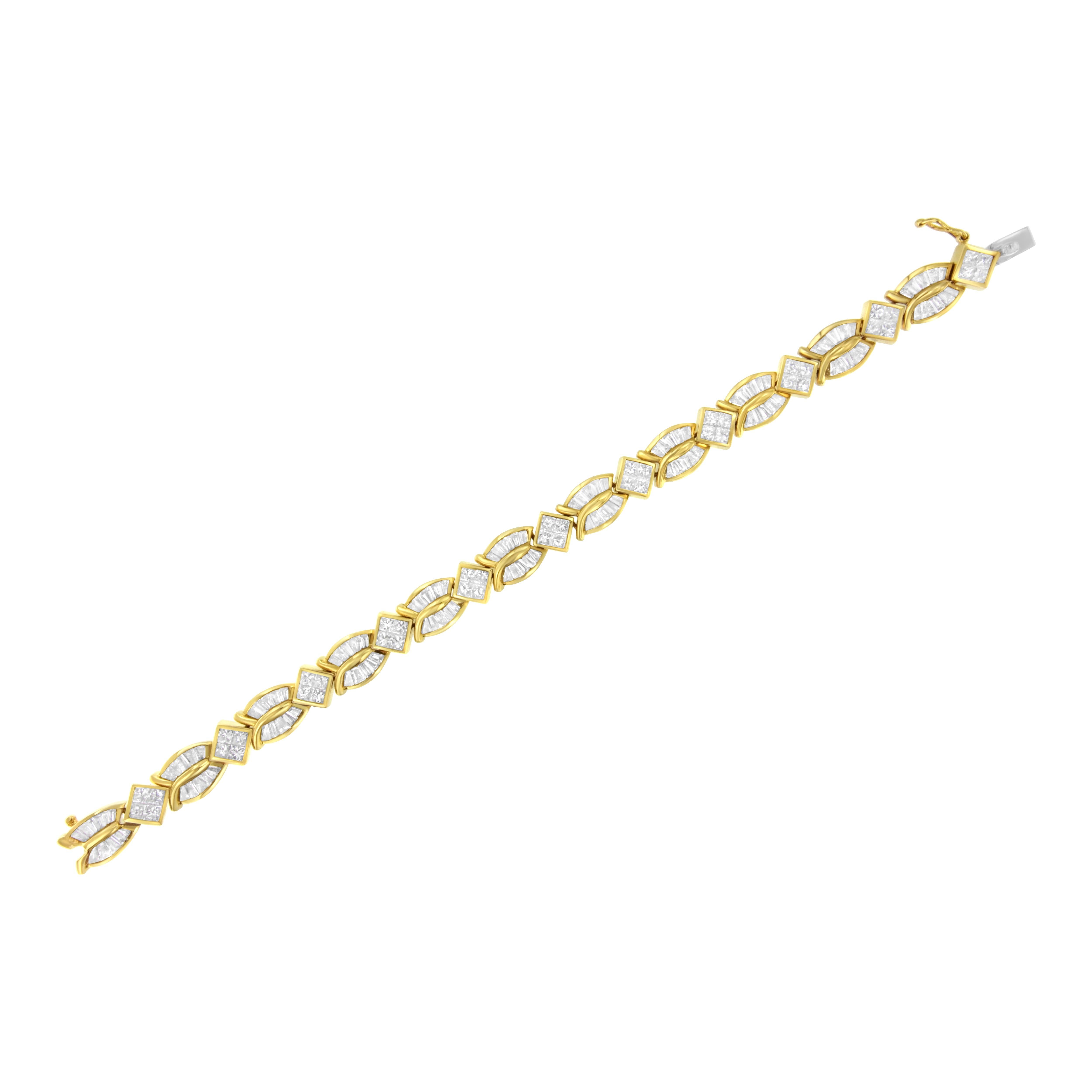 Women's 14K Yellow Gold 8 1/5 Carat Princess and Baguette Cut Diamond Geo-Twist Bracelet For Sale
