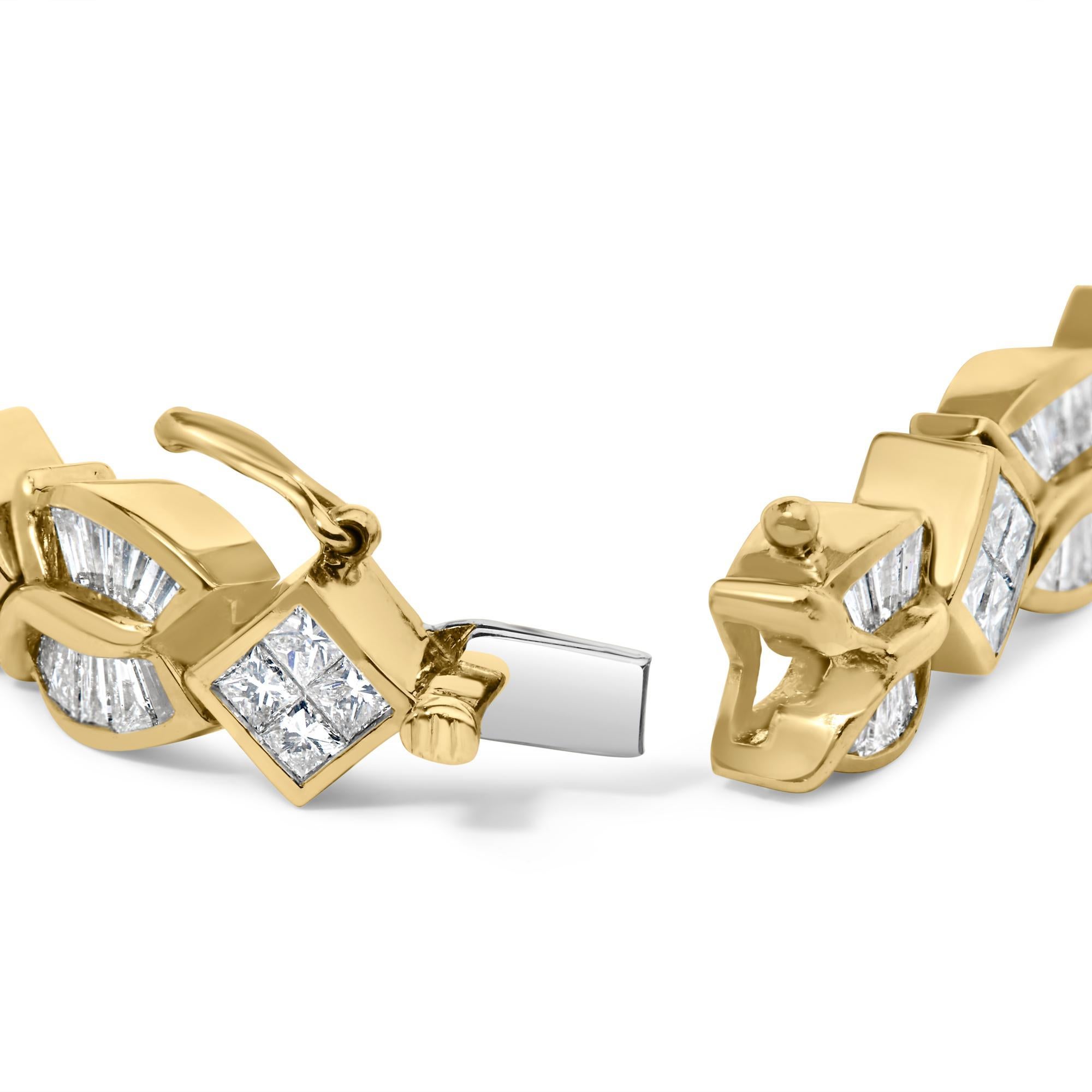 Plongez dans l'opulence de ce bracelet en or jaune 14 carats, où l'art rencontre le luxe dans chaque maillon. Créée avec précision, elle présente une torsion géométrique unique composée de maillons en forme de marquise et de diamant alternés. Chaque
