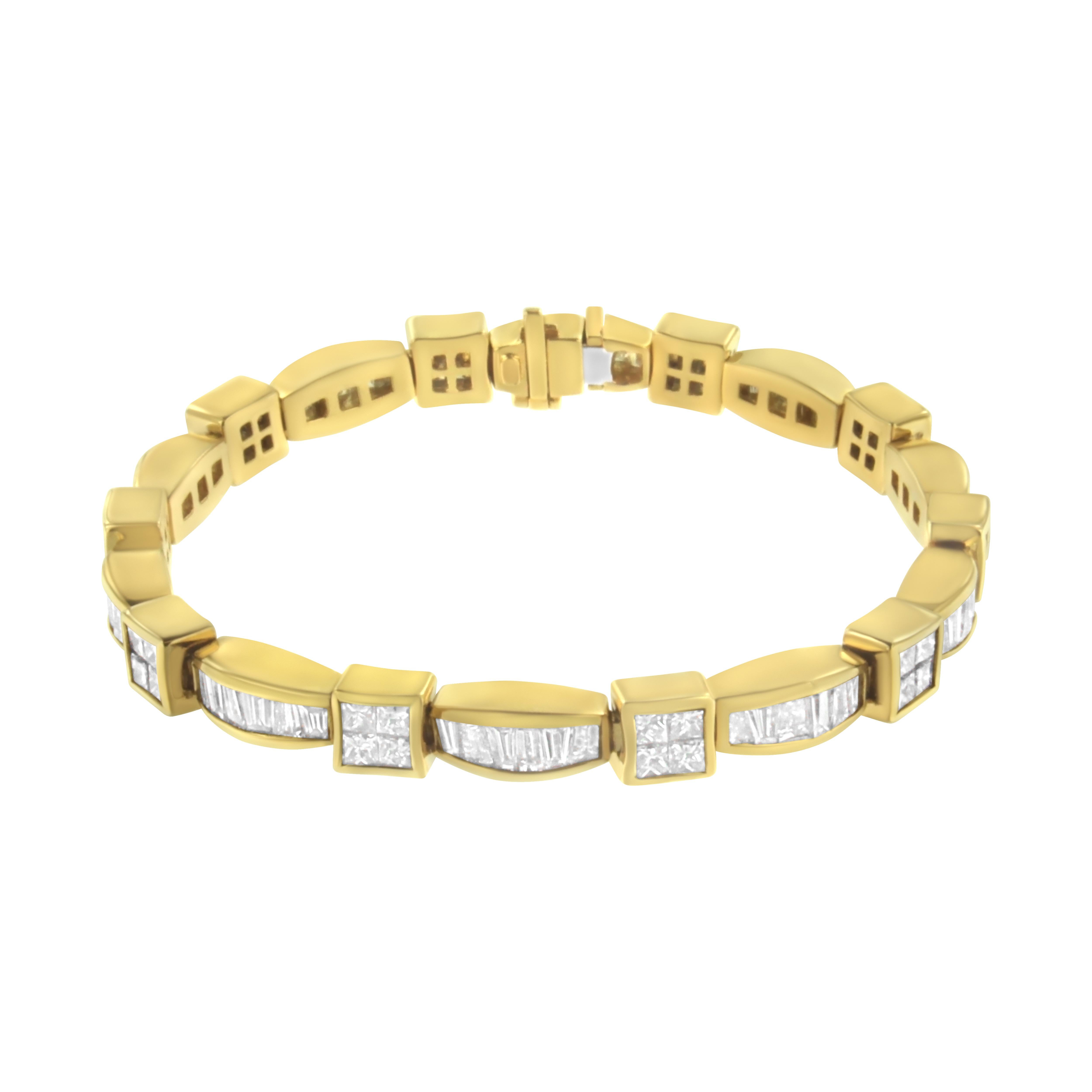 At the height of style, this 14 karat yellow gold bracelet plays with texture, flaunting sleek, shapely links that glisten with over 8 carats of glamorous princess cut and baguette diamonds. Makes a sparkling surprise for your favorite fashionista.
