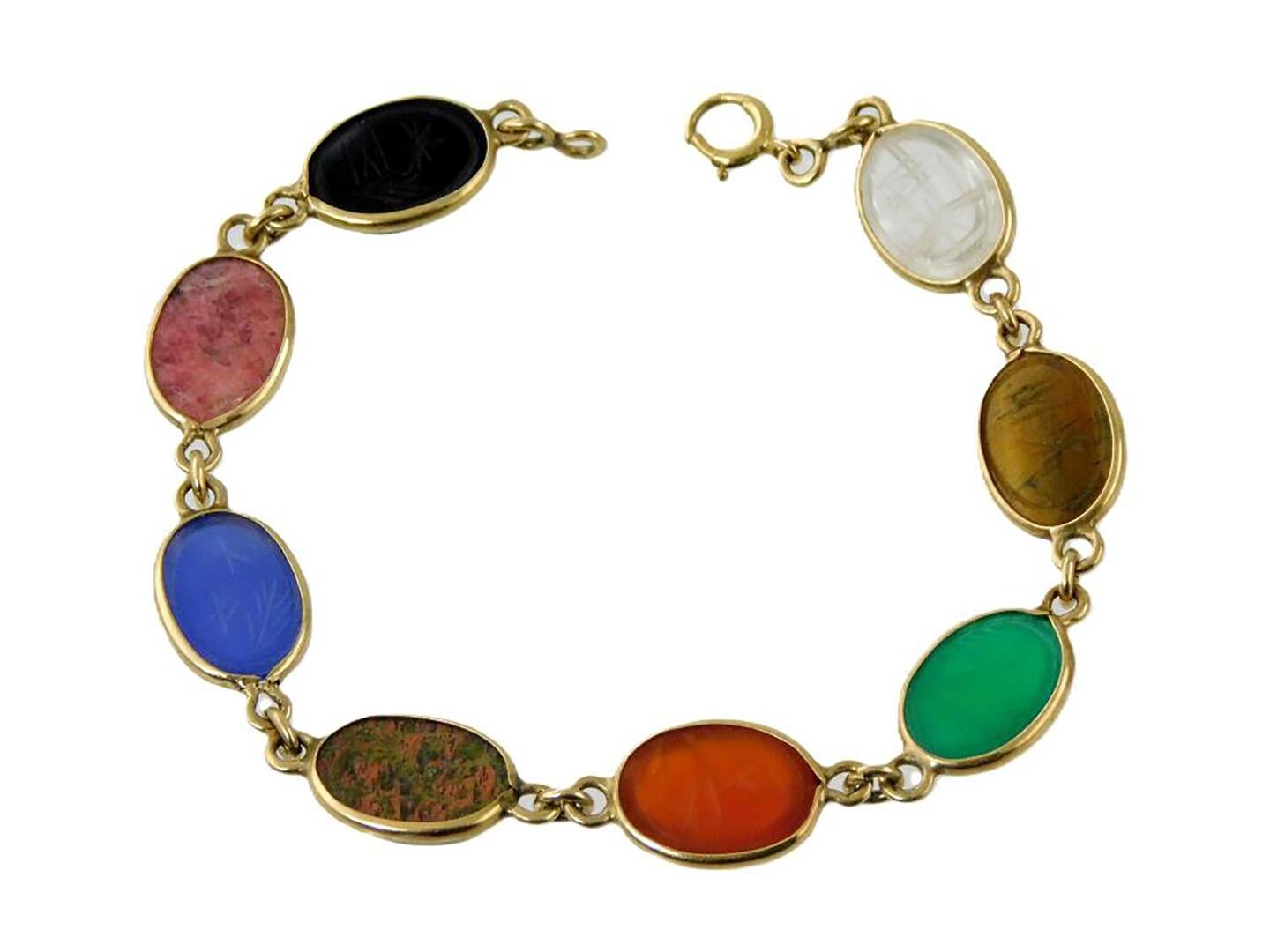 14K Yellow Gold 8 Bezel Set Multi Colored Carved Agates Scarab Bracelet 4
