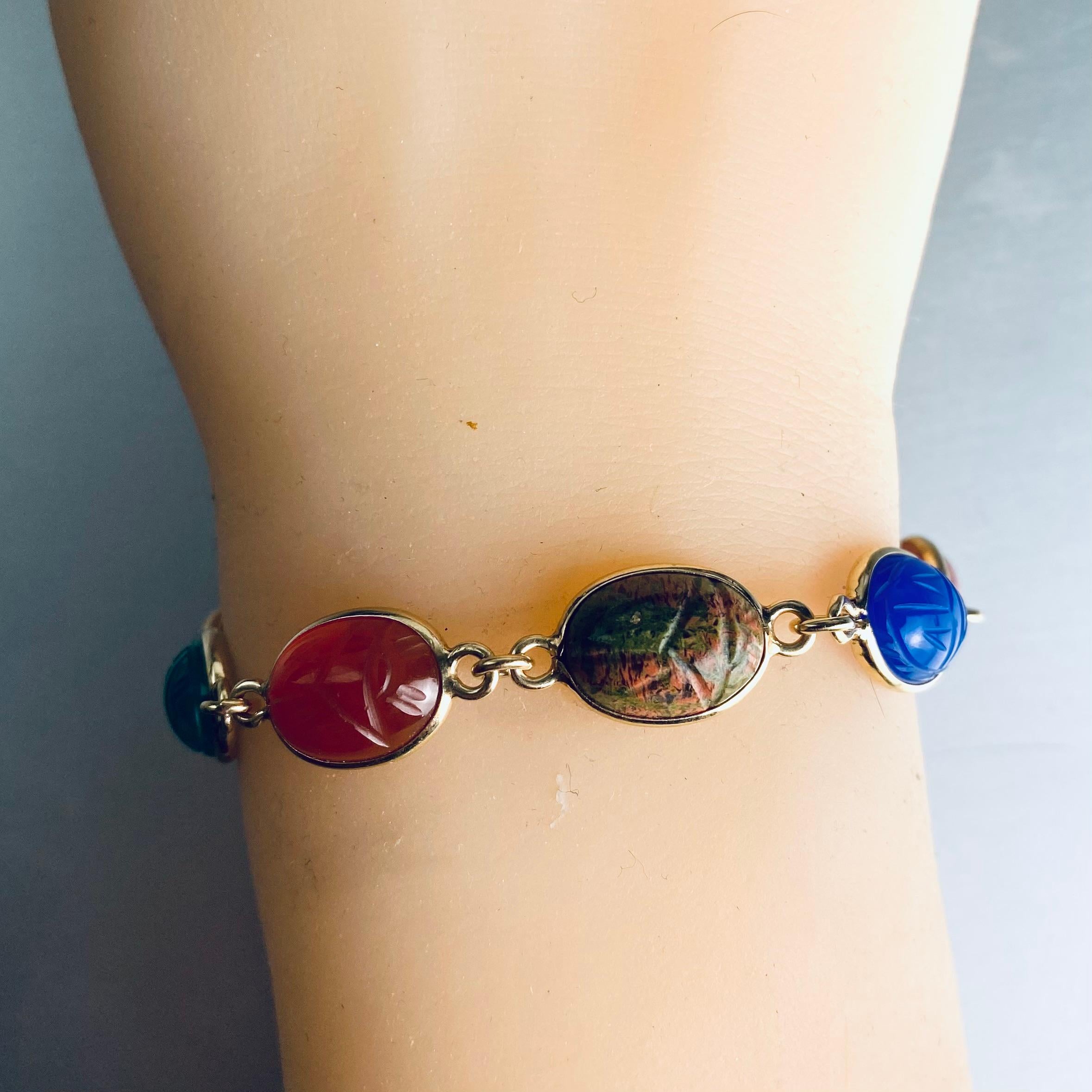 14K Yellow Gold 8 Bezel Set Multi Colored Carved Agates Scarab Bracelet 5