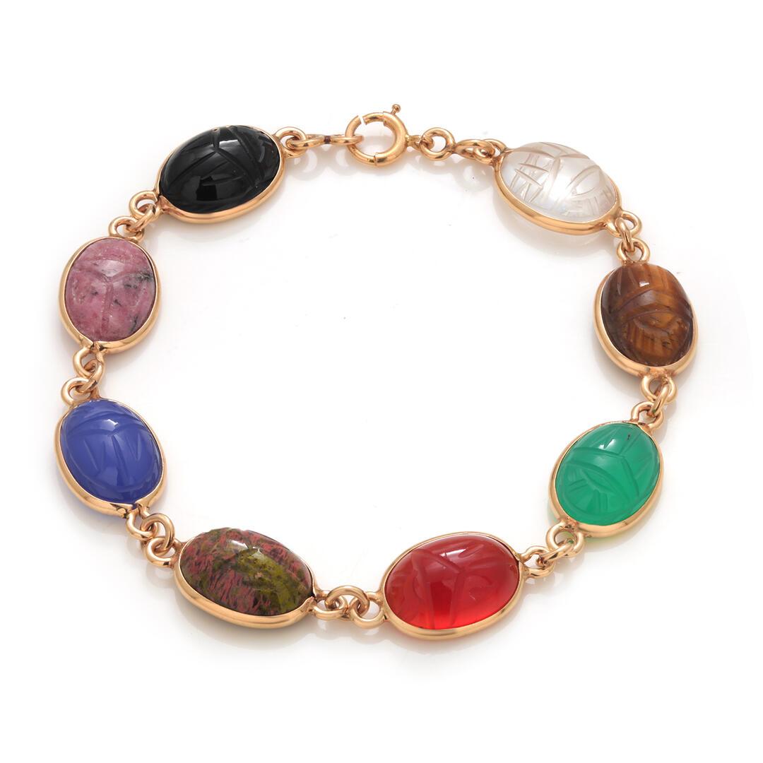 14K Yellow Gold 8 Bezel Set Multi Colored Carved Agates Scarab Bracelet 6