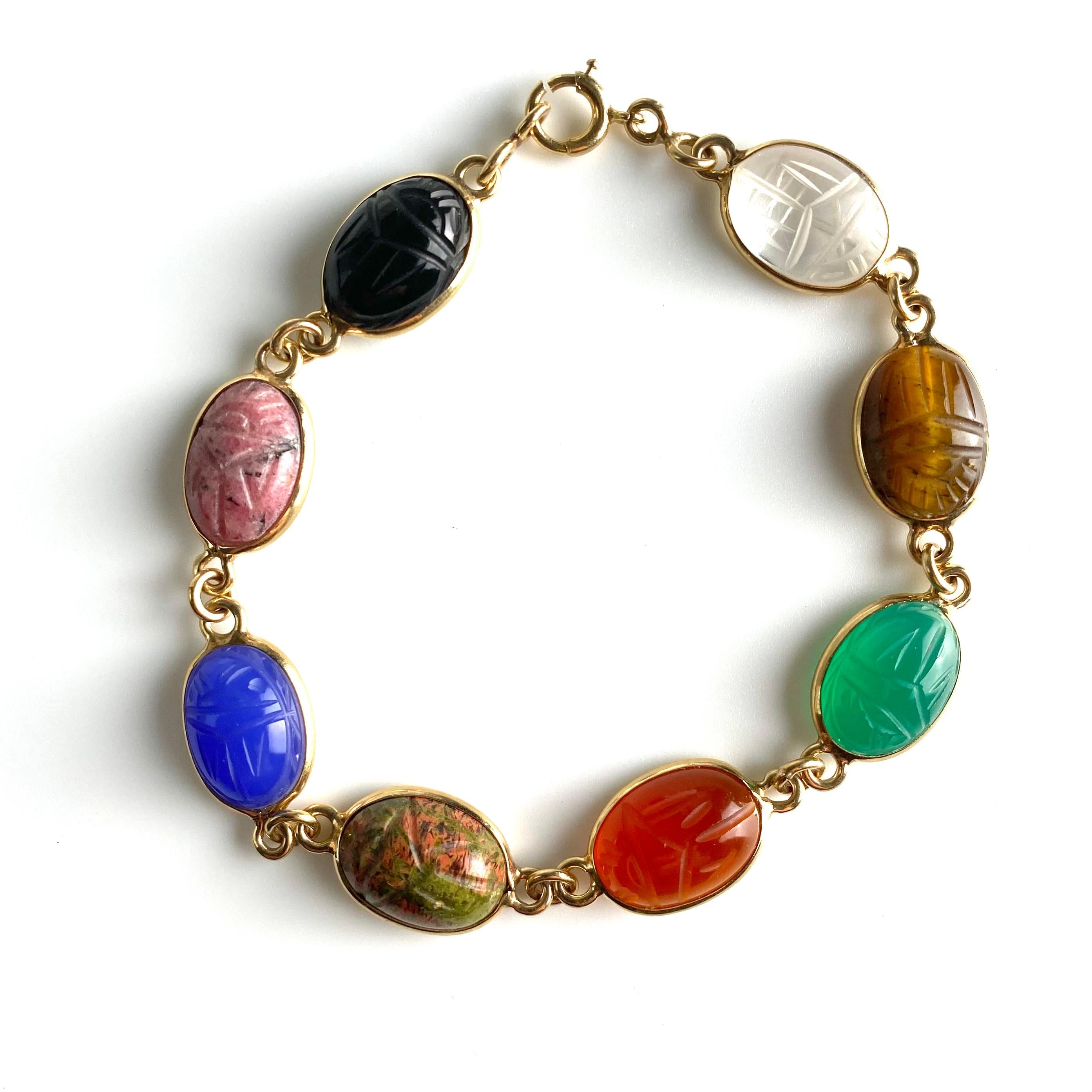 14K Yellow Gold 8 Bezel Set Multi Colored Carved Agates Scarab Bracelet 7