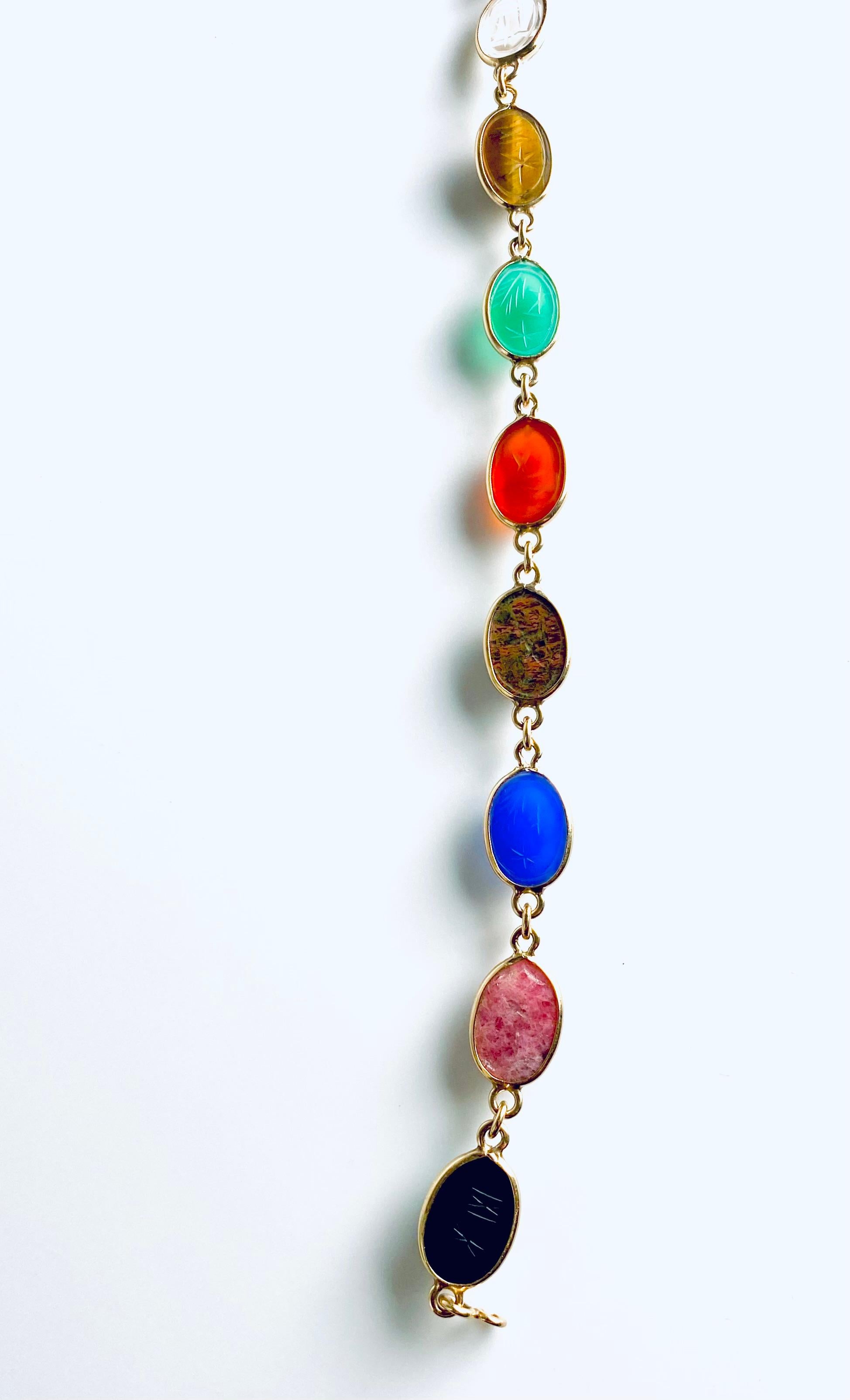 14K Yellow Gold 8 Bezel Set Multi Colored Carved Agates Scarab Bracelet 8