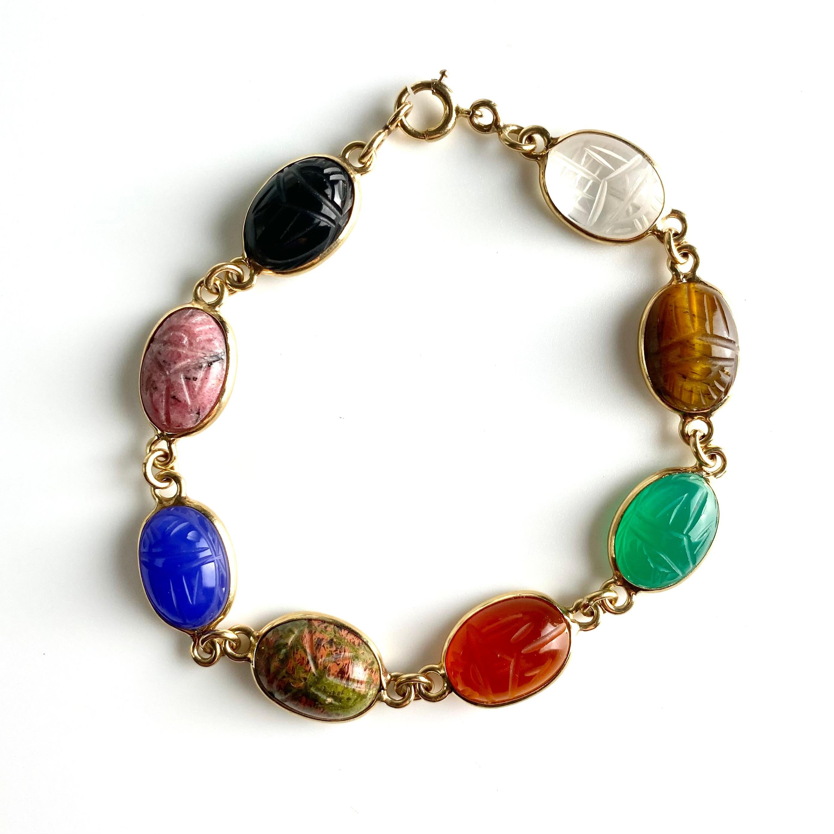 14K Yellow Gold 8 Bezel Set Multi Colored Carved Agates Scarab Bracelet 9